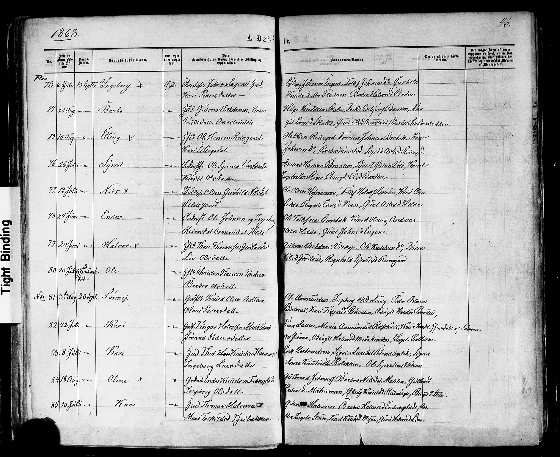 Nes kirkebøker, AV/SAKO-A-236/F/Fa/L0010: Parish register (official) no. 10, 1864-1880, p. 46