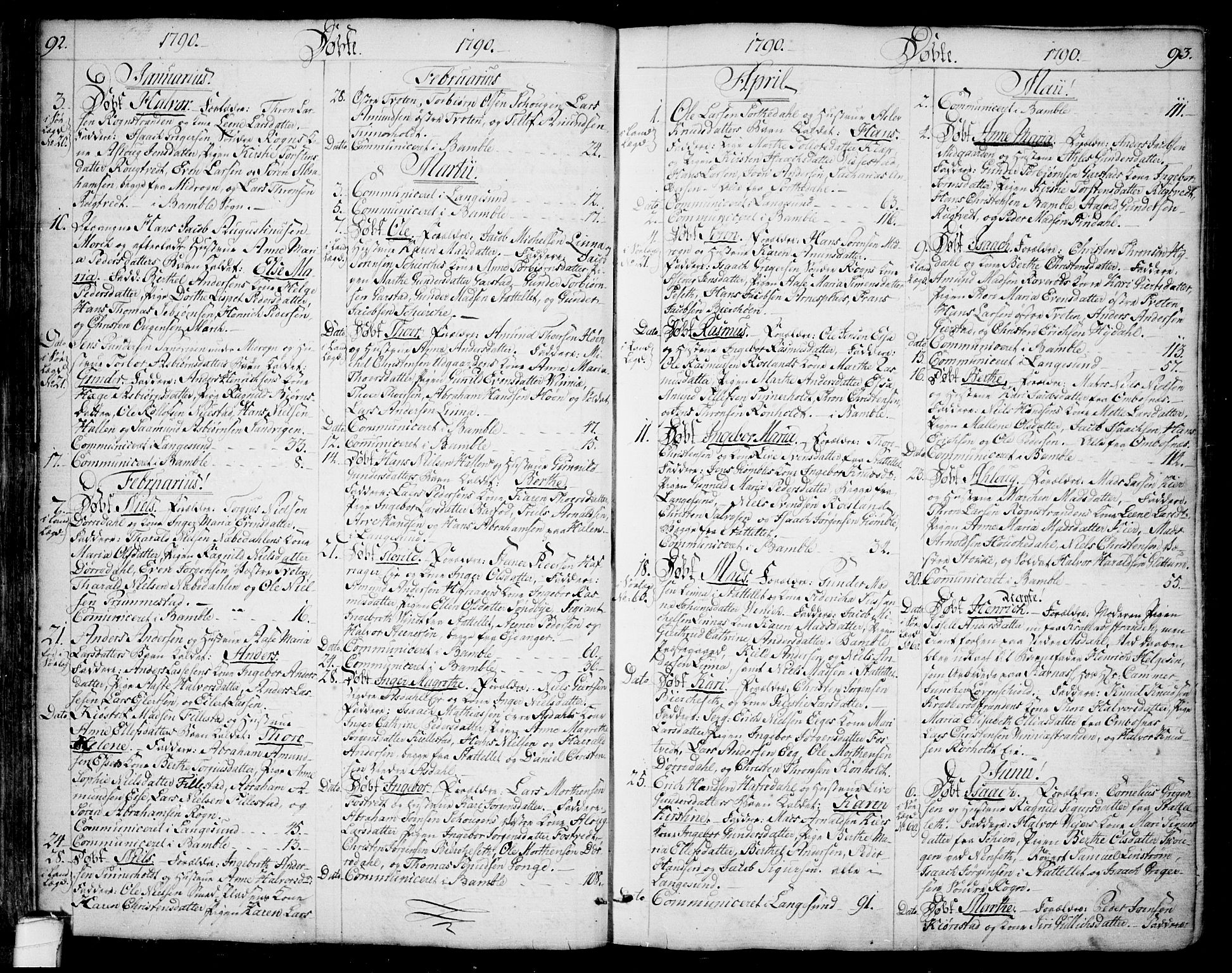 Bamble kirkebøker, SAKO/A-253/F/Fa/L0002: Parish register (official) no. I 2, 1775-1814, p. 92-93