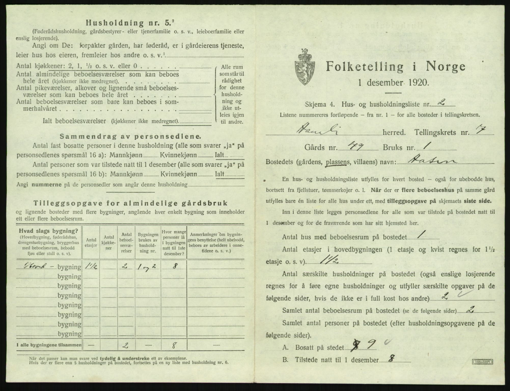 SAK, 1920 census for Åmli, 1920, p. 427