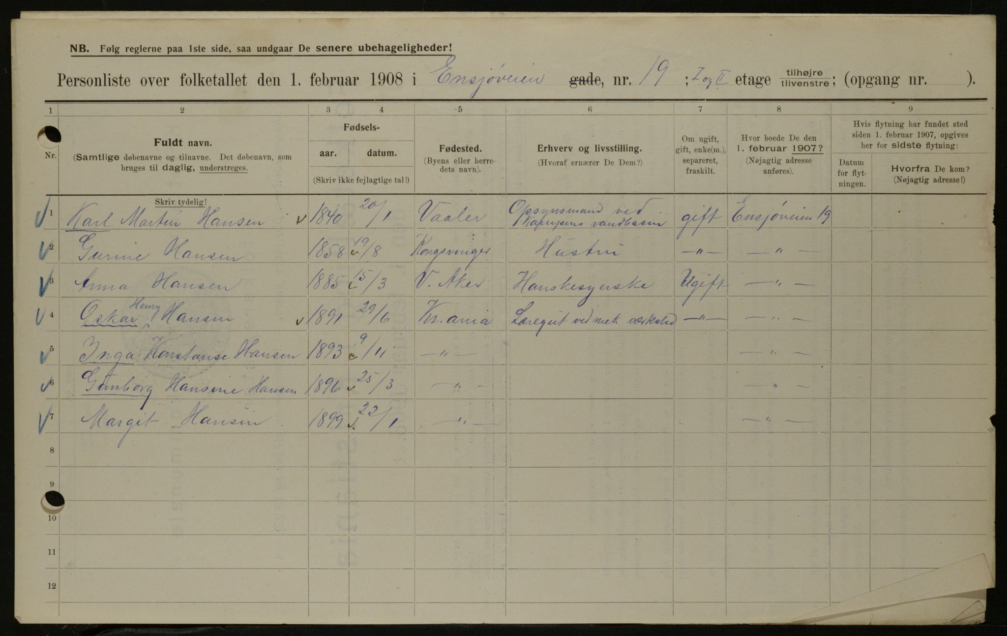 OBA, Municipal Census 1908 for Kristiania, 1908, p. 20013