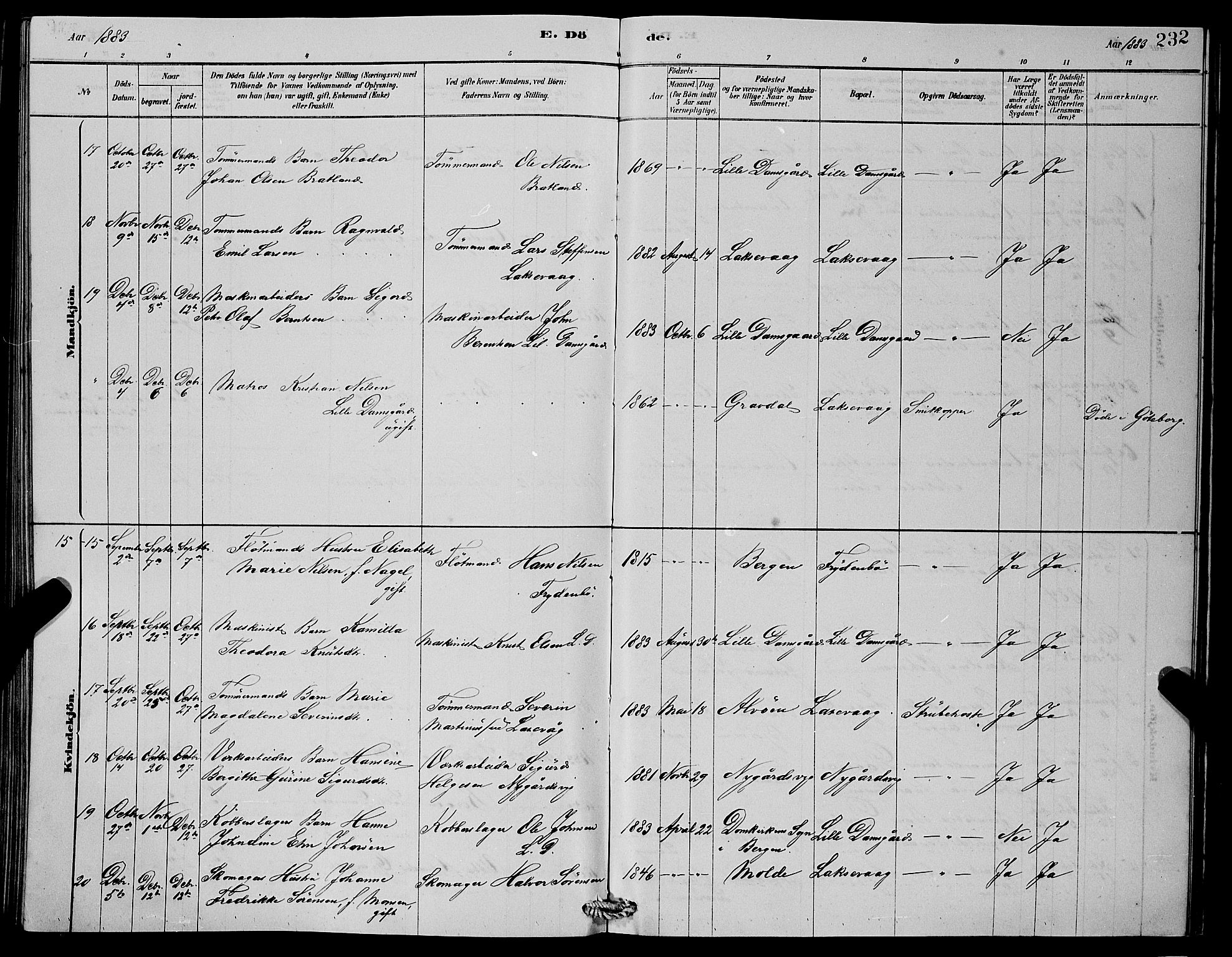 Laksevåg Sokneprestembete, SAB/A-76501/H/Ha/Hab/Haba/L0002: Parish register (copy) no. A 2, 1877-1887, p. 232