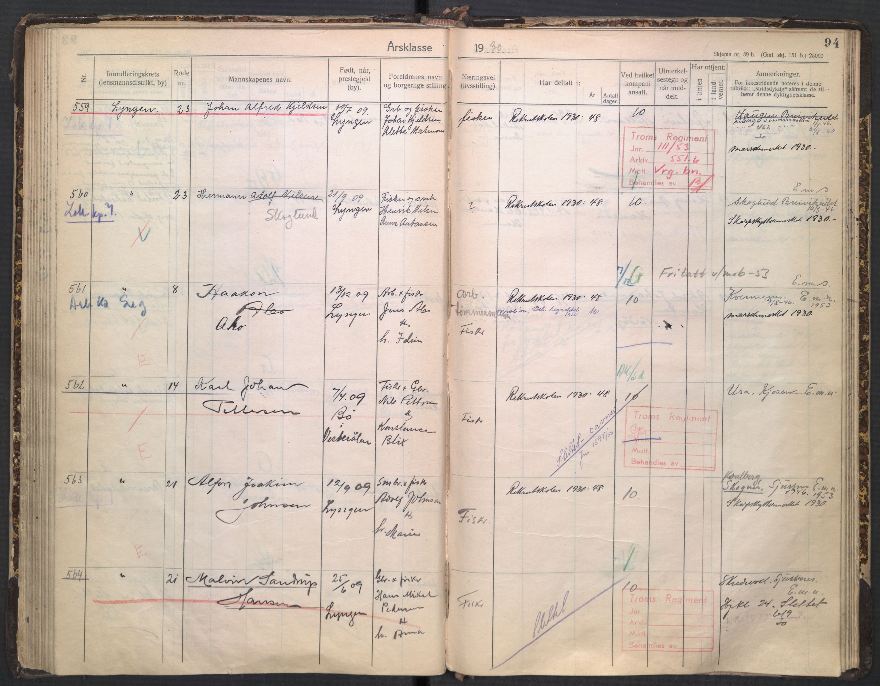 Forsvaret, Troms infanteriregiment nr. 16, AV/RA-RAFA-3146/P/Pa/L0005/0003: Ruller / Rulle for regimentets stridende menige mannskaper, årsklasse 1930, 1930, p. 94