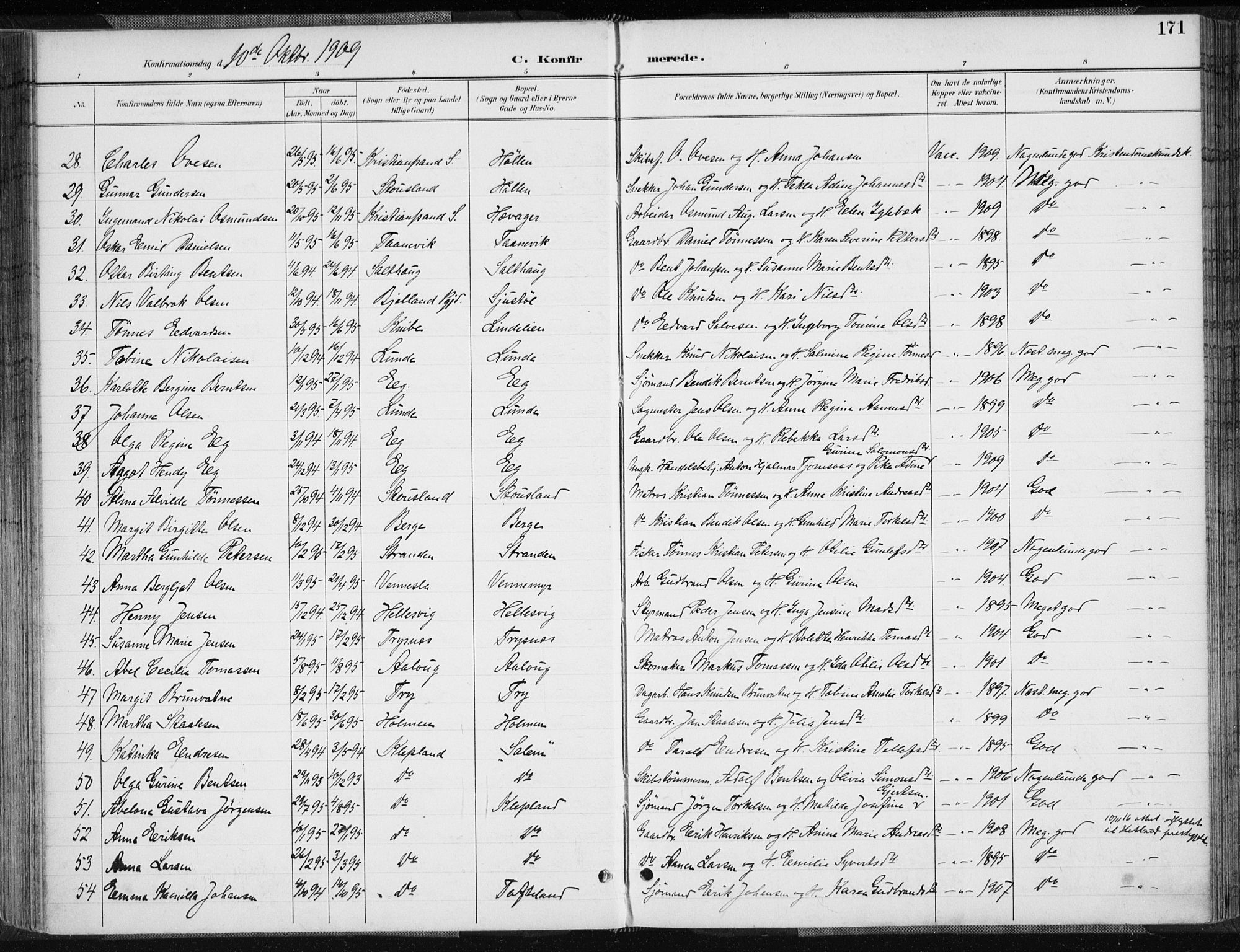 Søgne sokneprestkontor, AV/SAK-1111-0037/F/Fa/Fab/L0013: Parish register (official) no. A 13, 1892-1911, p. 171