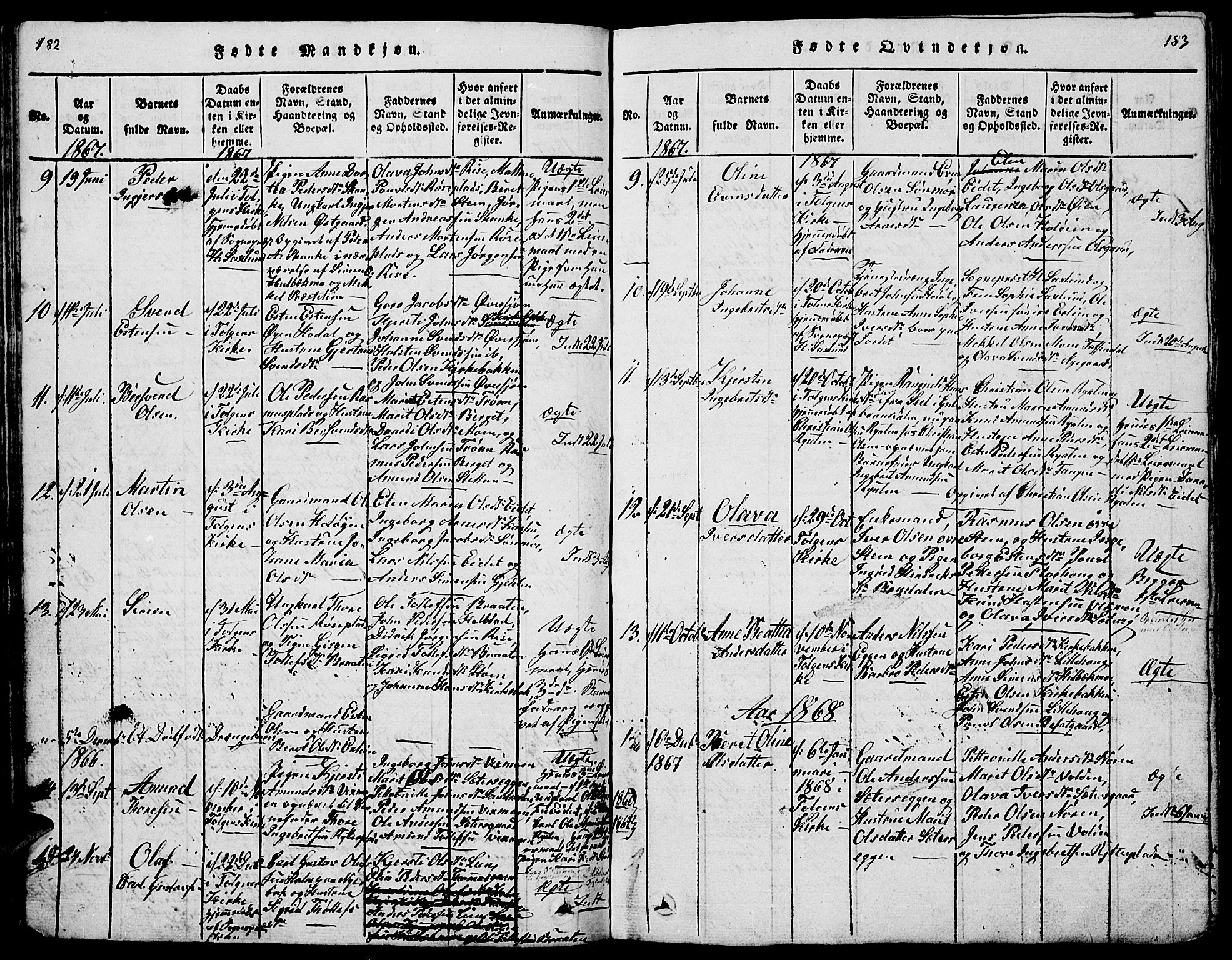 Tolga prestekontor, SAH/PREST-062/L/L0001: Parish register (copy) no. 1, 1814-1877, p. 182-183