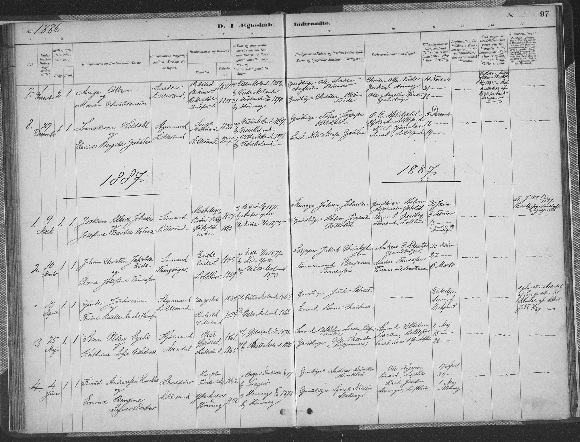 Vestre Moland sokneprestkontor, AV/SAK-1111-0046/F/Fa/Faa/L0001: Parish register (official) no. A 1, 1884-1899, p. 97