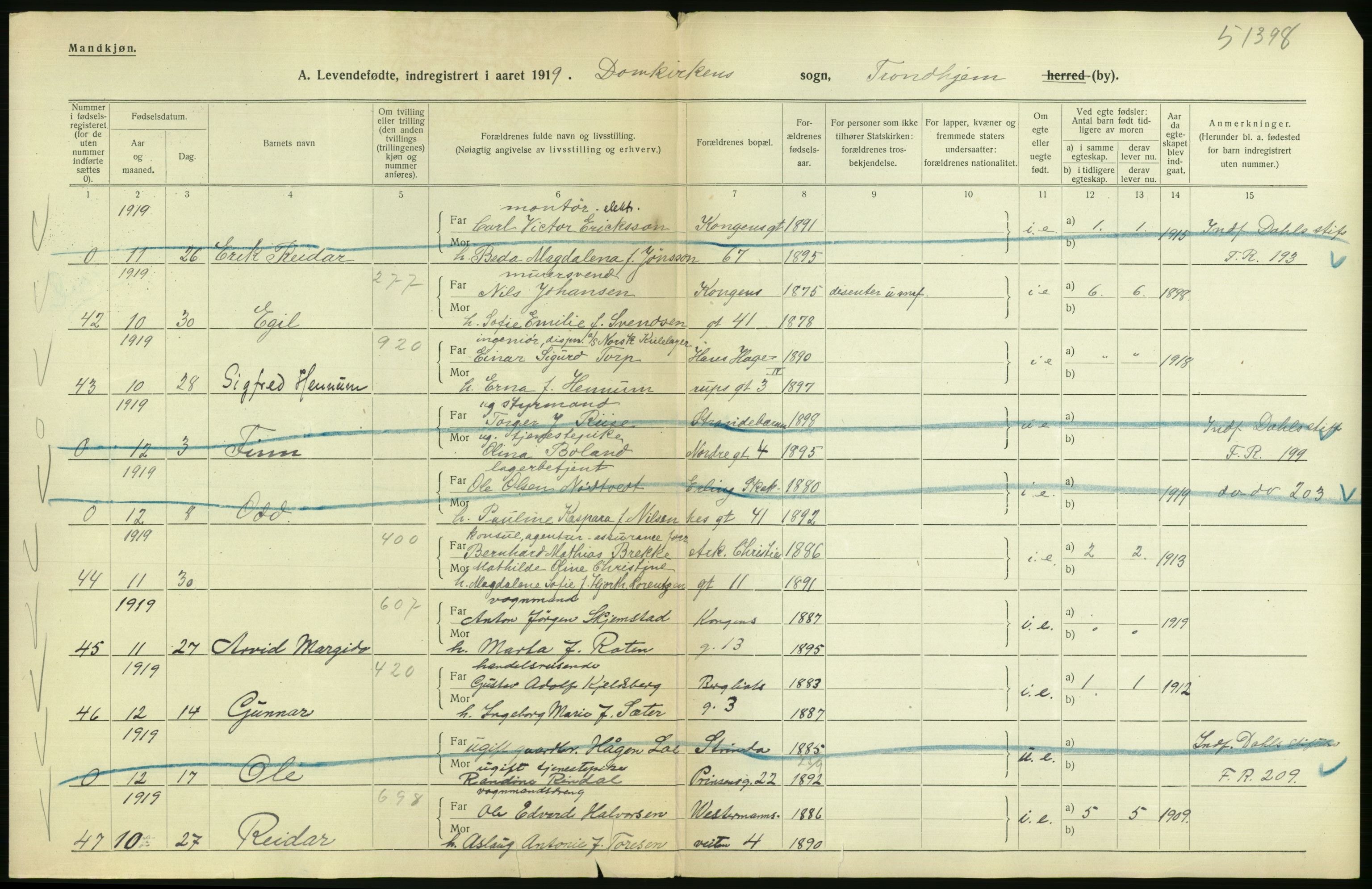 Statistisk sentralbyrå, Sosiodemografiske emner, Befolkning, AV/RA-S-2228/D/Df/Dfb/Dfbi/L0045: Trondhjem: Levendefødte menn og kvinner., 1919