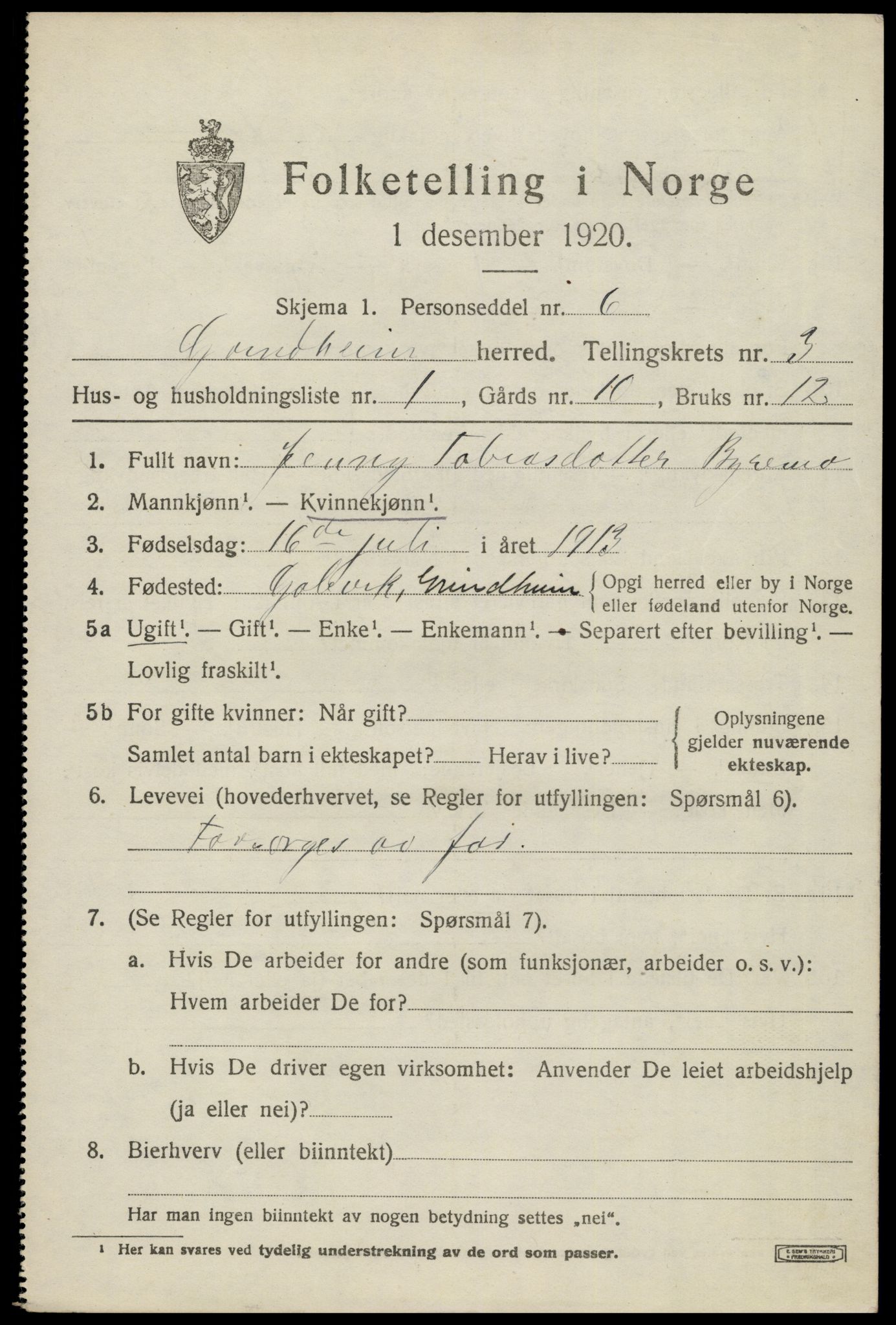SAK, 1920 census for Grindheim, 1920, p. 899