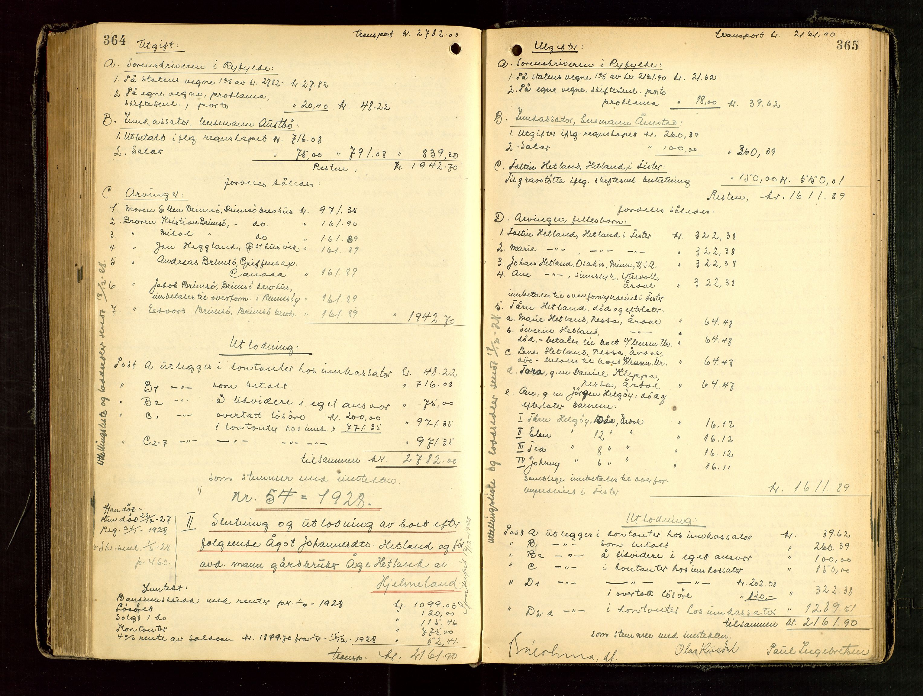 Ryfylke tingrett, AV/SAST-A-100055/001/IV/IVG/L0006: Skifteutlodningsprotokoll Med register, 1924-1929, p. 364-365