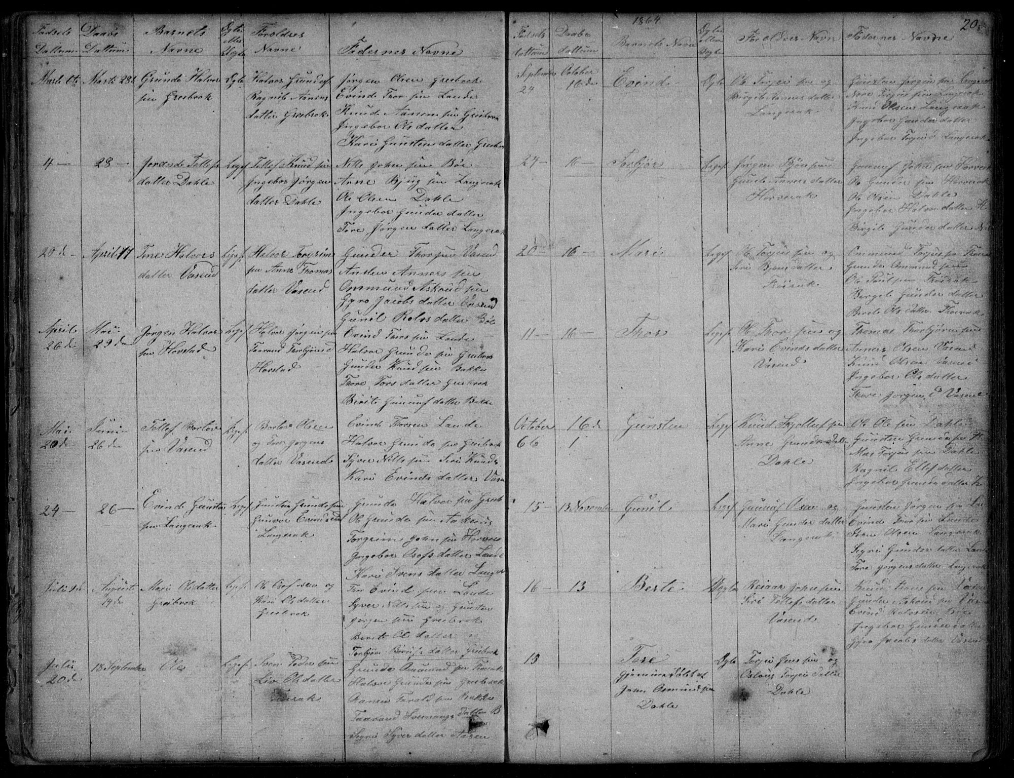 Bygland sokneprestkontor, AV/SAK-1111-0006/F/Fb/Fbd/L0001: Parish register (copy) no. B 1, 1848-1895, p. 20