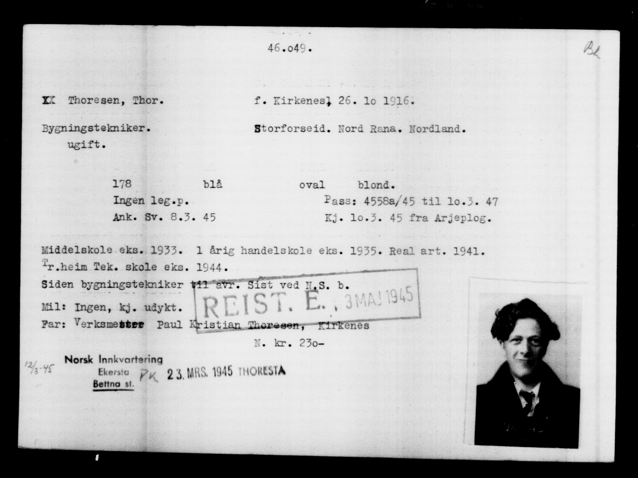 Utenriksstasjonene, Legasjonen i Stockholm, Flyktningkontoret, AV/RA-S-6753/V/Va/L0017: Kjesäterkartoteket, flyktninger med registreringsnr. 43400-46318, 1940-1945, p. 2740