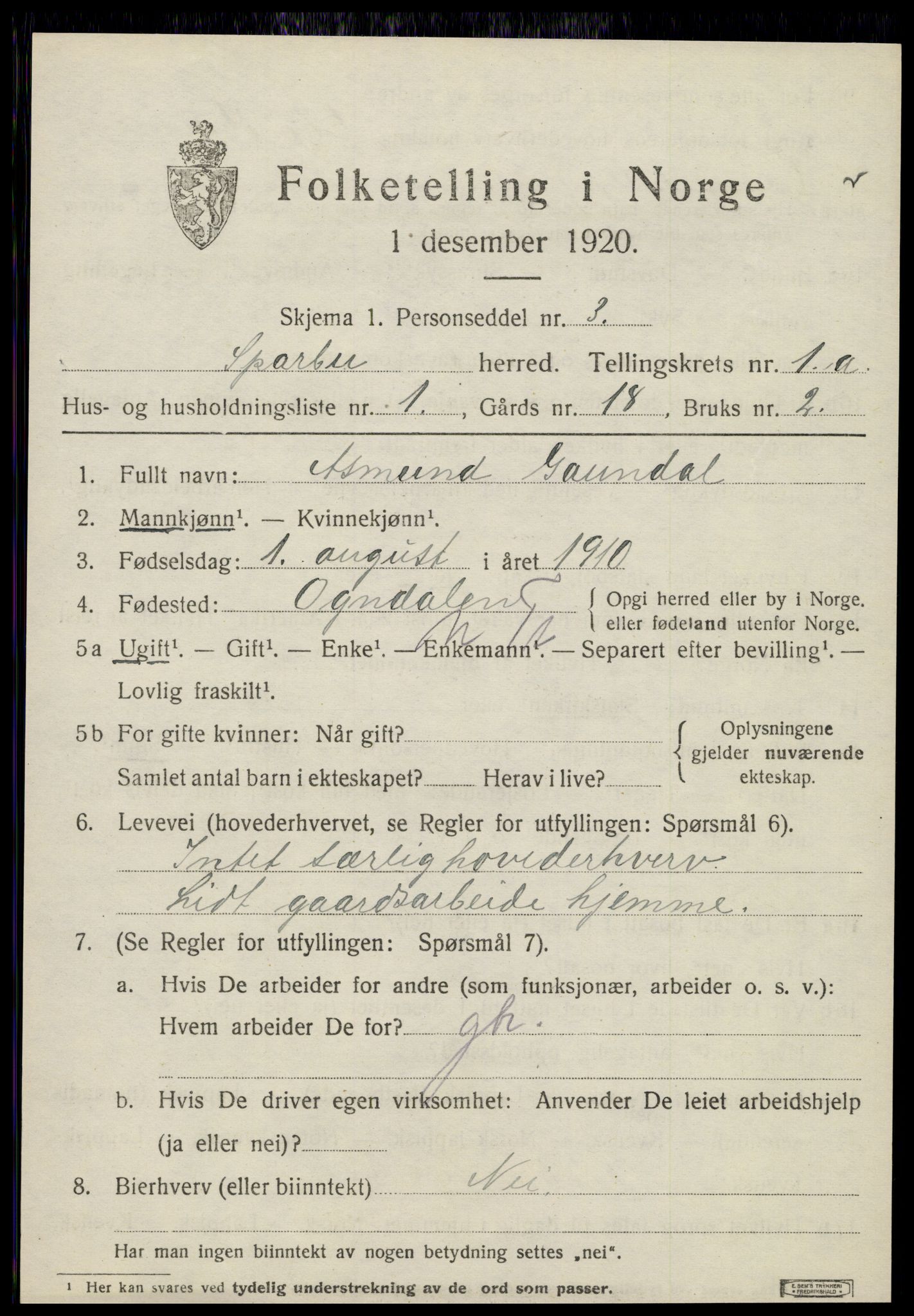 SAT, 1920 census for Sparbu, 1920, p. 1007
