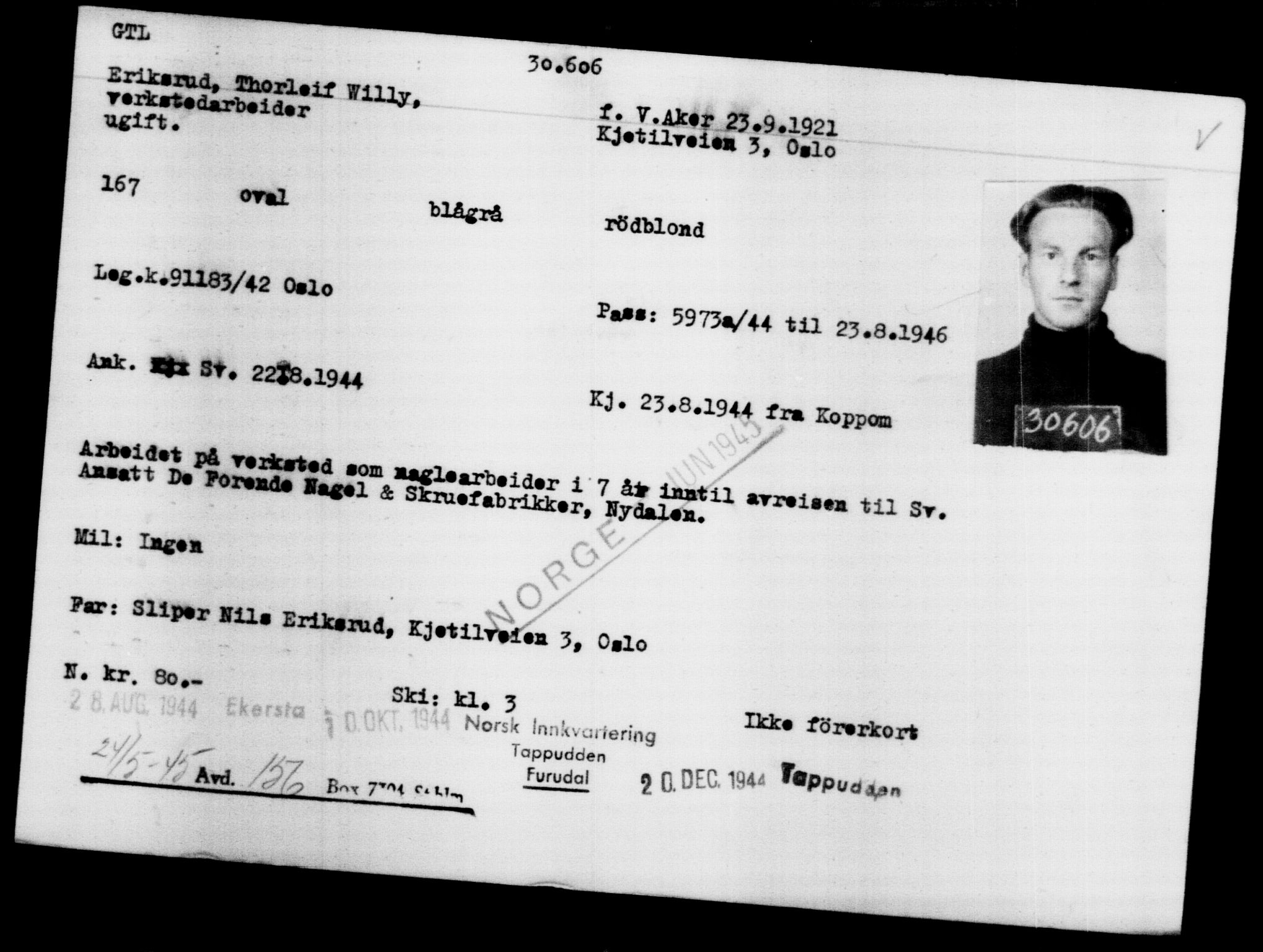 Utenriksstasjonene, Legasjonen i Stockholm, Flyktningkontoret, AV/RA-S-6753/V/Va/L0012: Kjesäterkartoteket, flyktninger med registreringsnr. 28300-31566, 1940-1945, p. 2515