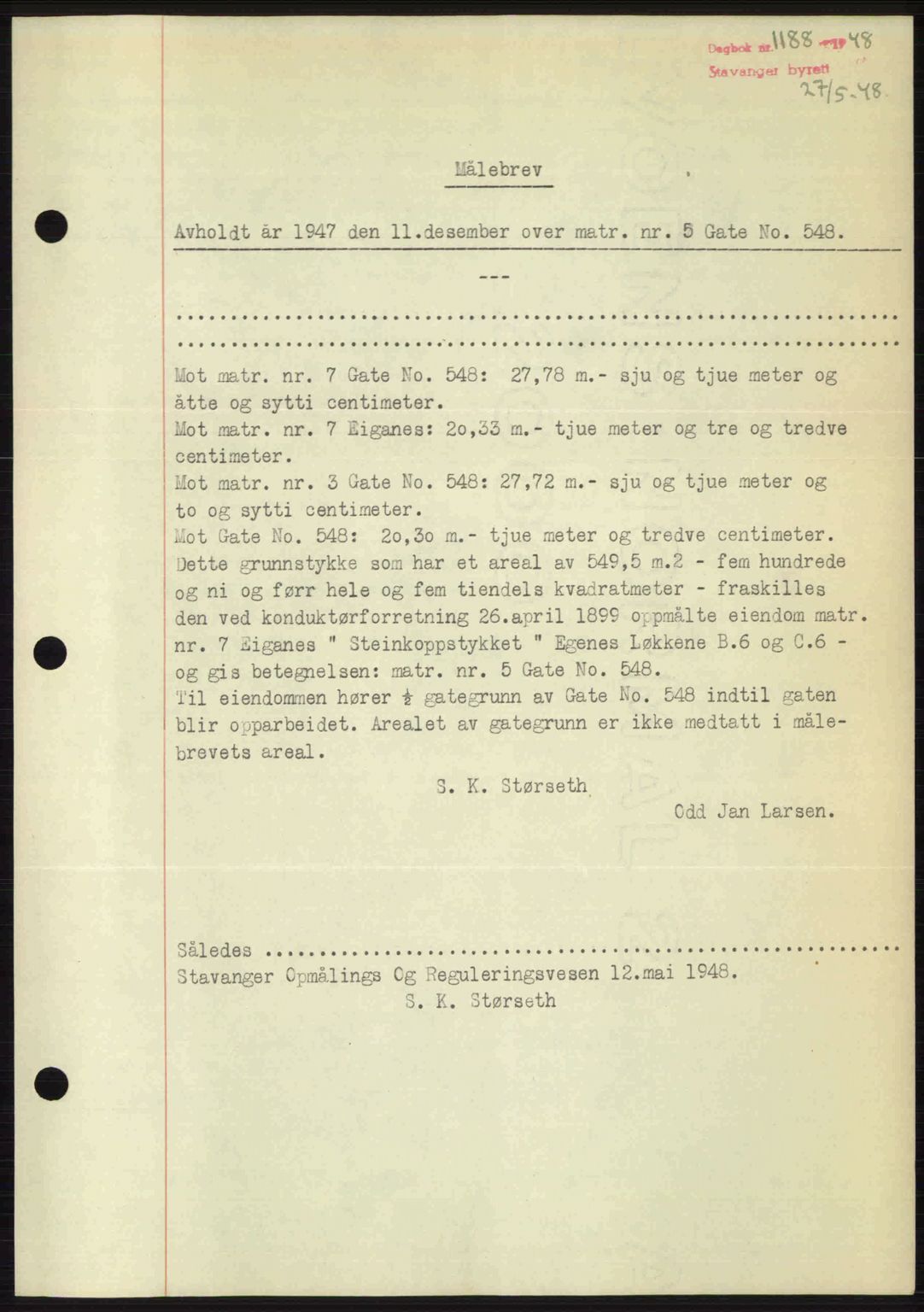 Stavanger byrett, SAST/A-100455/002/G/Gb/L0022: Mortgage book no. A11, 1947-1948, Diary no: : 1188/1948