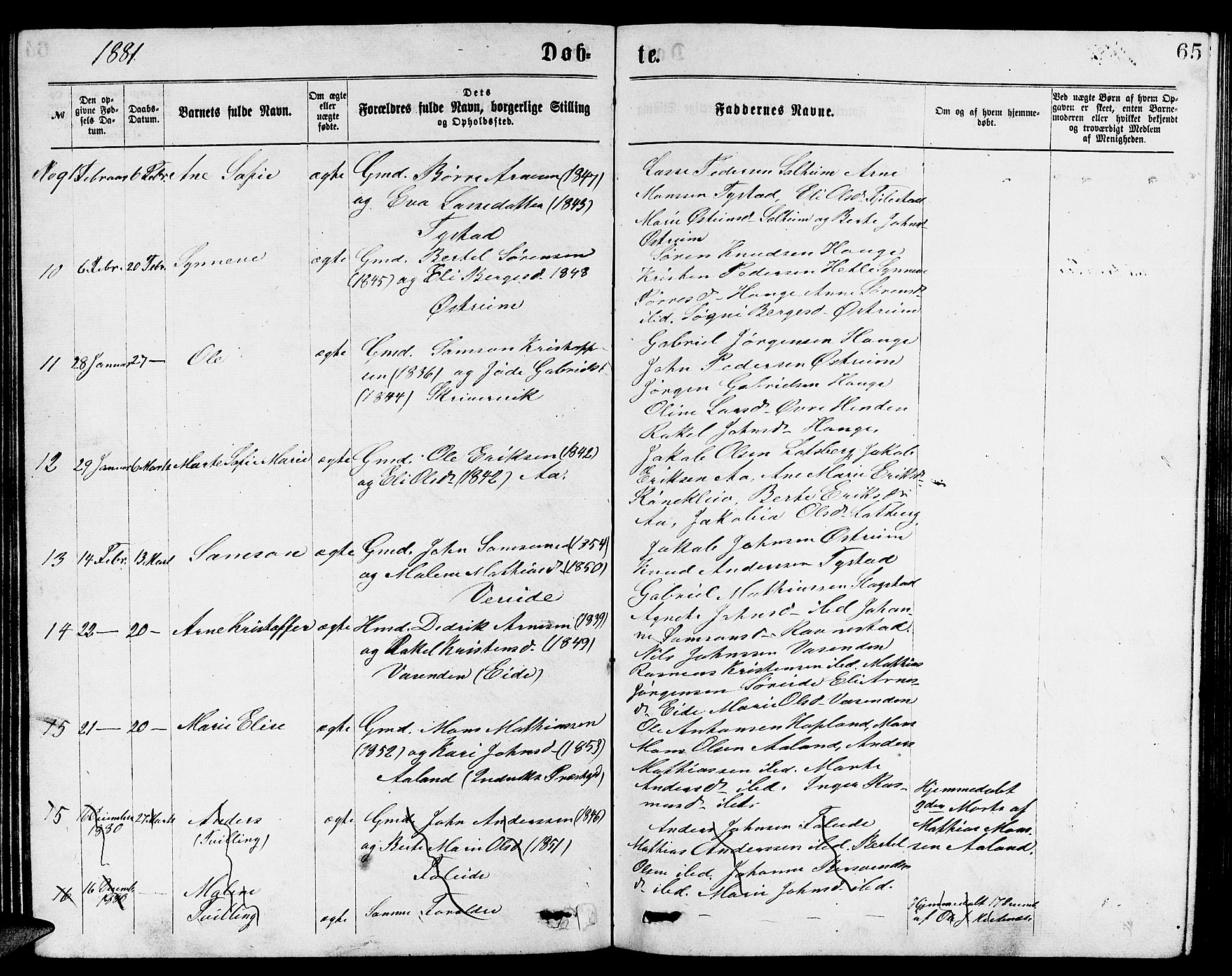 Gloppen sokneprestembete, SAB/A-80101/H/Hab/Habb/L0001: Parish register (copy) no. B 1, 1872-1888, p. 65