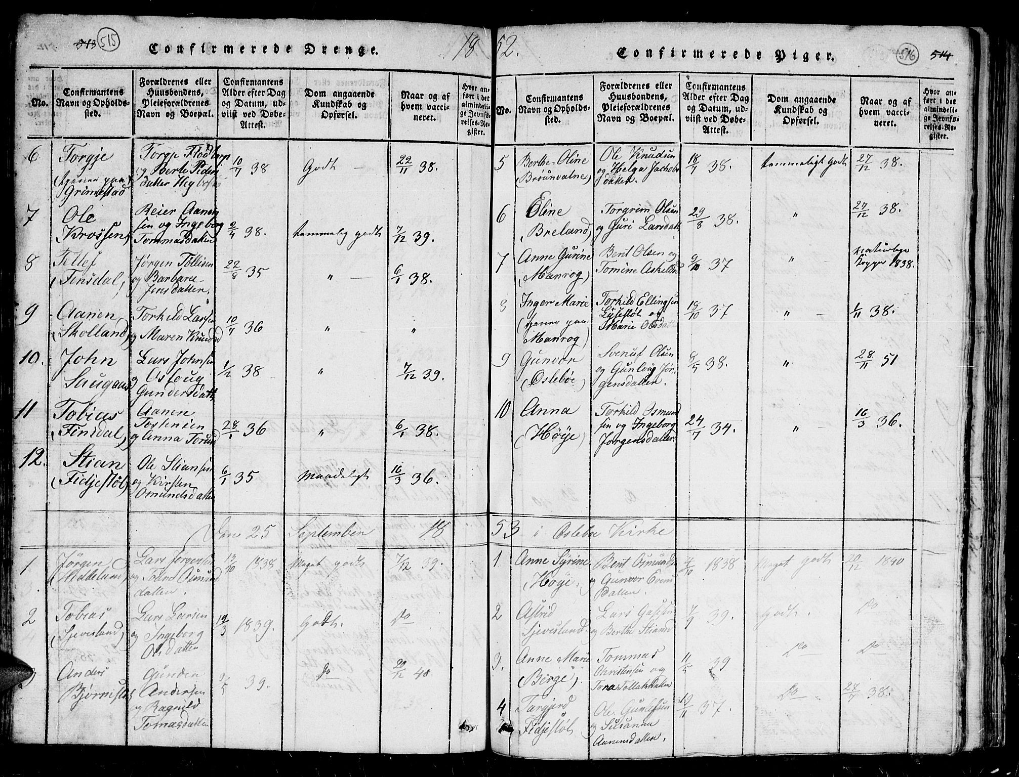 Holum sokneprestkontor, AV/SAK-1111-0022/F/Fb/Fbc/L0001: Parish register (copy) no. B 1, 1820-1859, p. 515-516