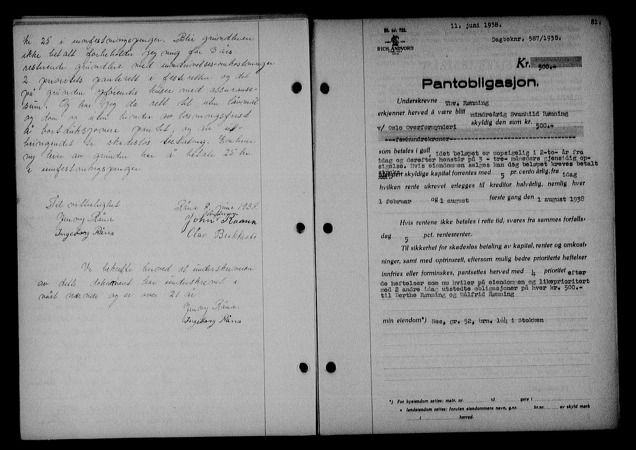 Nedenes sorenskriveri, SAK/1221-0006/G/Gb/Gba/L0045: Mortgage book no. 41, 1938-1938, Diary no: : 587/1938