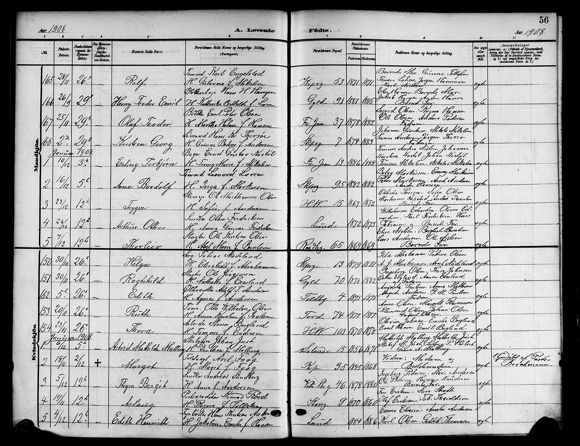 Kristiansand domprosti, AV/SAK-1112-0006/F/Fb/L0019: Parish register (copy) no. B 19, 1905-1914, p. 56