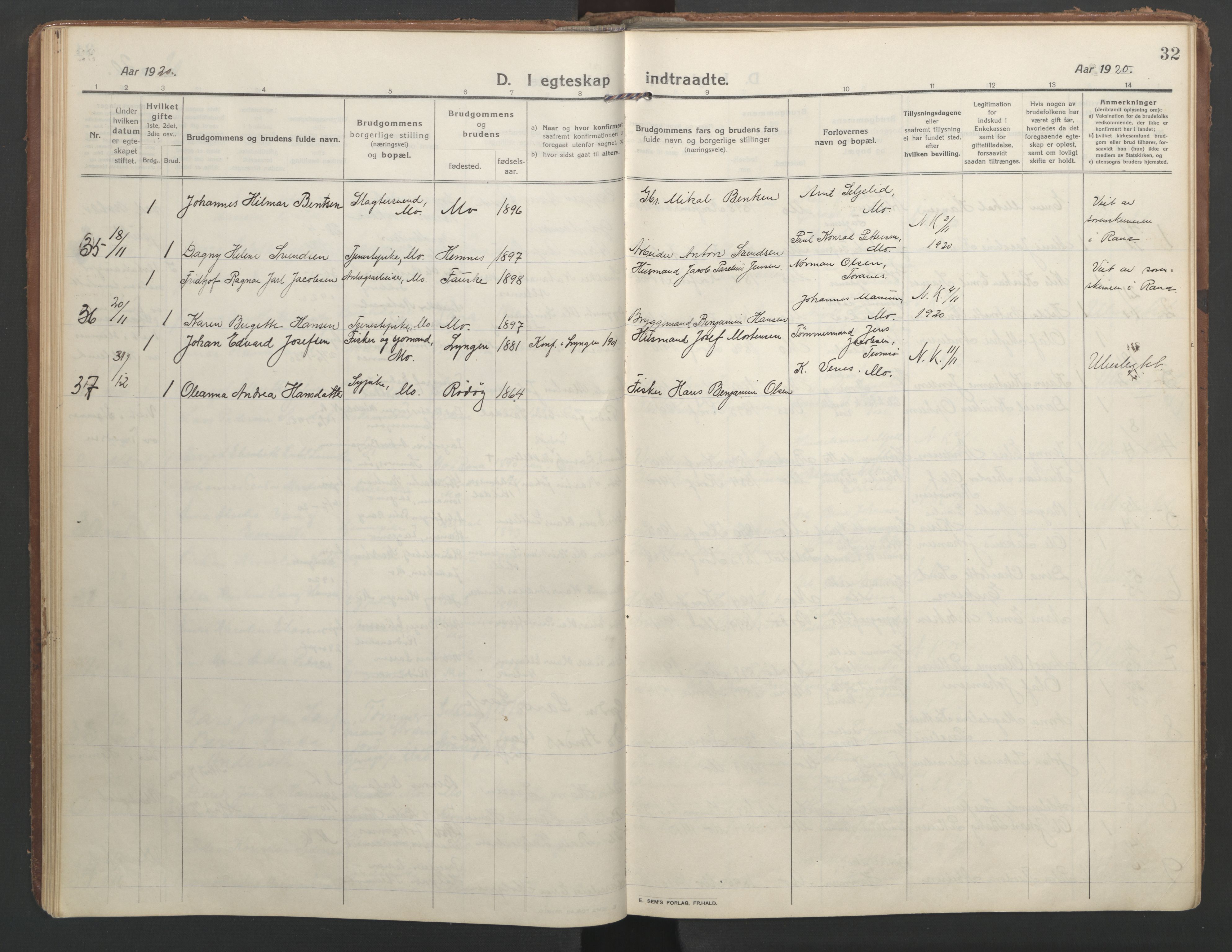 Ministerialprotokoller, klokkerbøker og fødselsregistre - Nordland, AV/SAT-A-1459/827/L0405: Parish register (official) no. 827A17, 1912-1925, p. 32