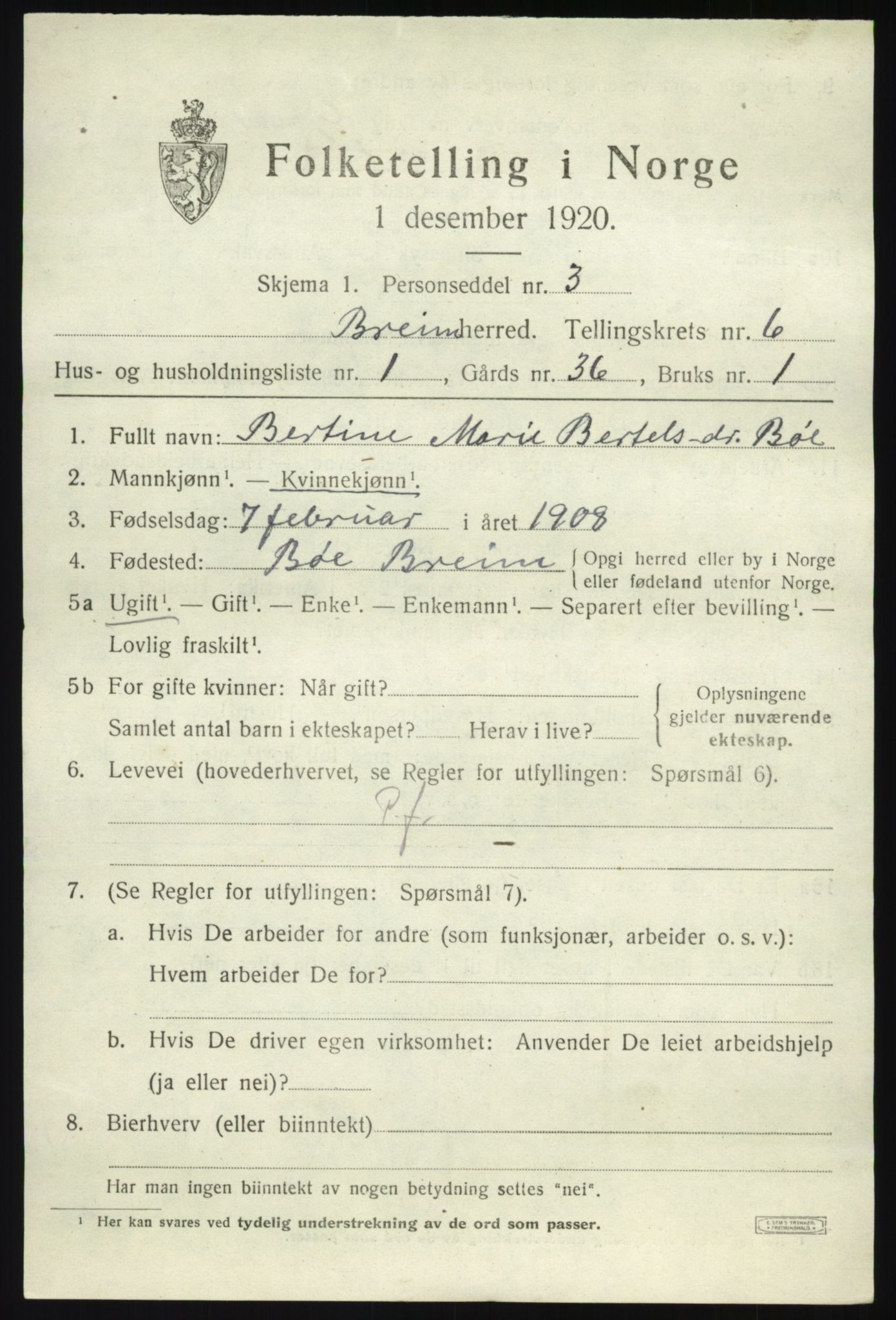 SAB, 1920 census for Breim, 1920, p. 3499