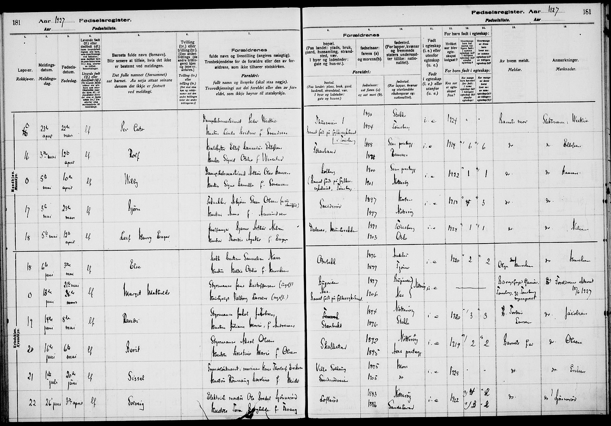 Nøtterøy kirkebøker, AV/SAKO-A-354/J/Ja/L0001: Birth register no. 1, 1916-1928, p. 181