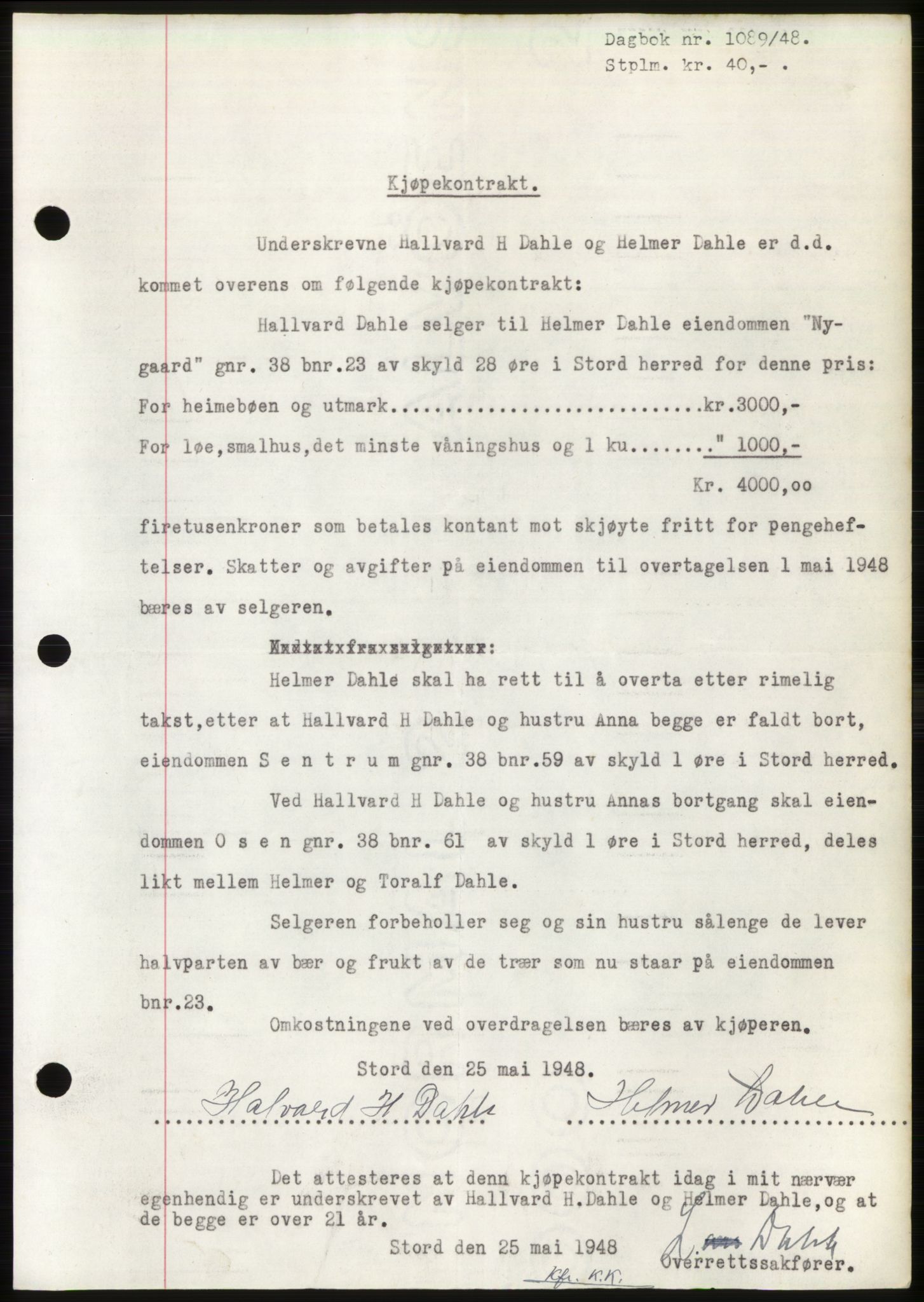 Sunnhordland sorenskrivar, AV/SAB-A-2401: Mortgage book no. B75-79, 1948-1950, Diary no: : 1089/1948