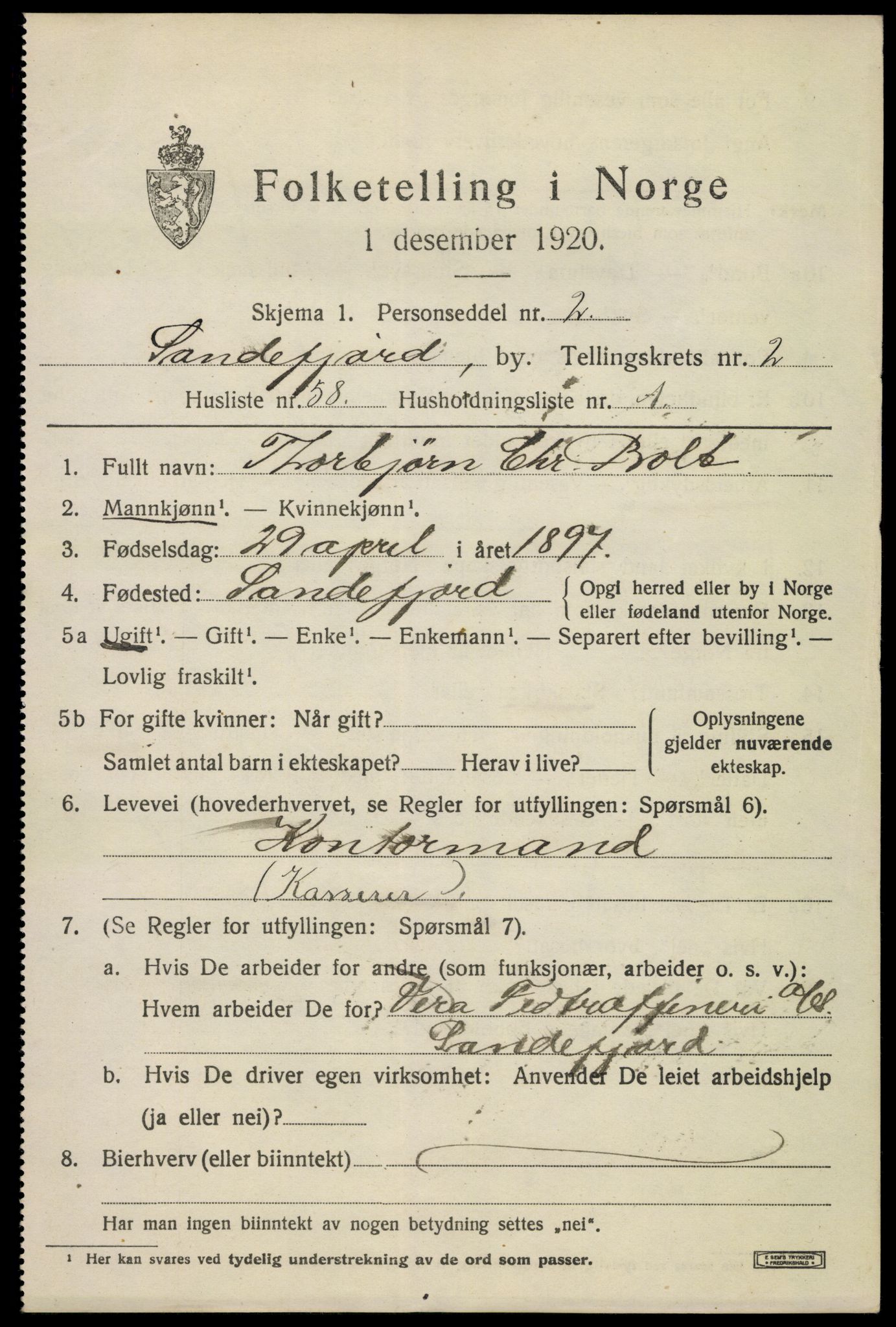 SAKO, 1920 census for Sandefjord, 1920, p. 6548