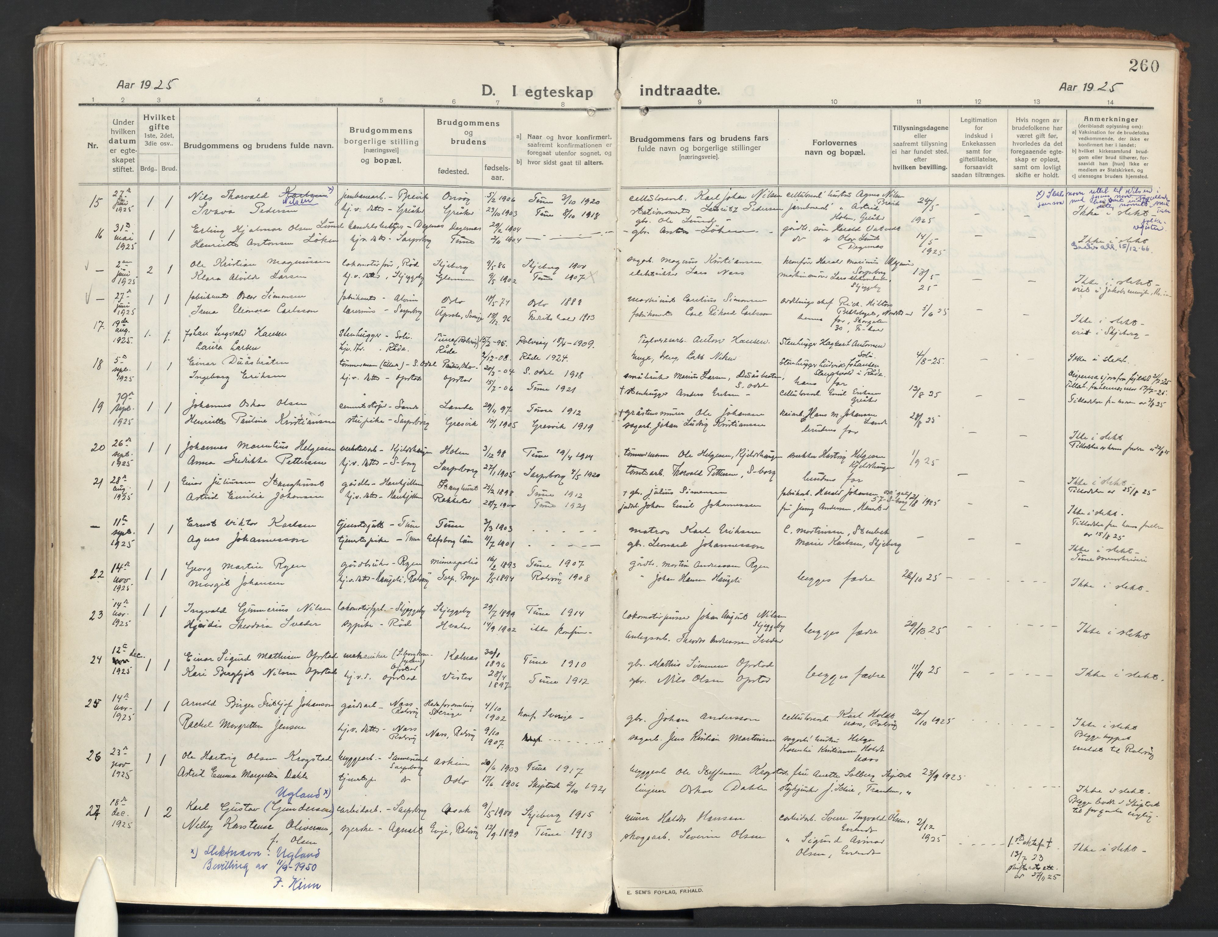Tune prestekontor Kirkebøker, AV/SAO-A-2007/F/Fa/L0022: Parish register (official) no. 22, 1917-1925, p. 260