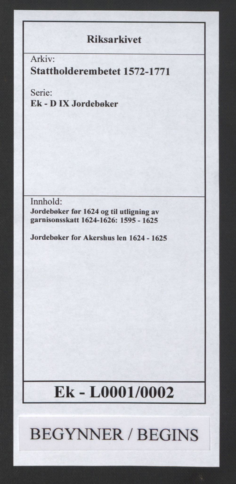 Stattholderembetet 1572-1771, RA/EA-2870/Ek/L0001/0002: Jordebøker før 1624 og til utligning av garnisonsskatt 1624-1626: / Jordebøker for Akershus len, 1624-1625, p. 1