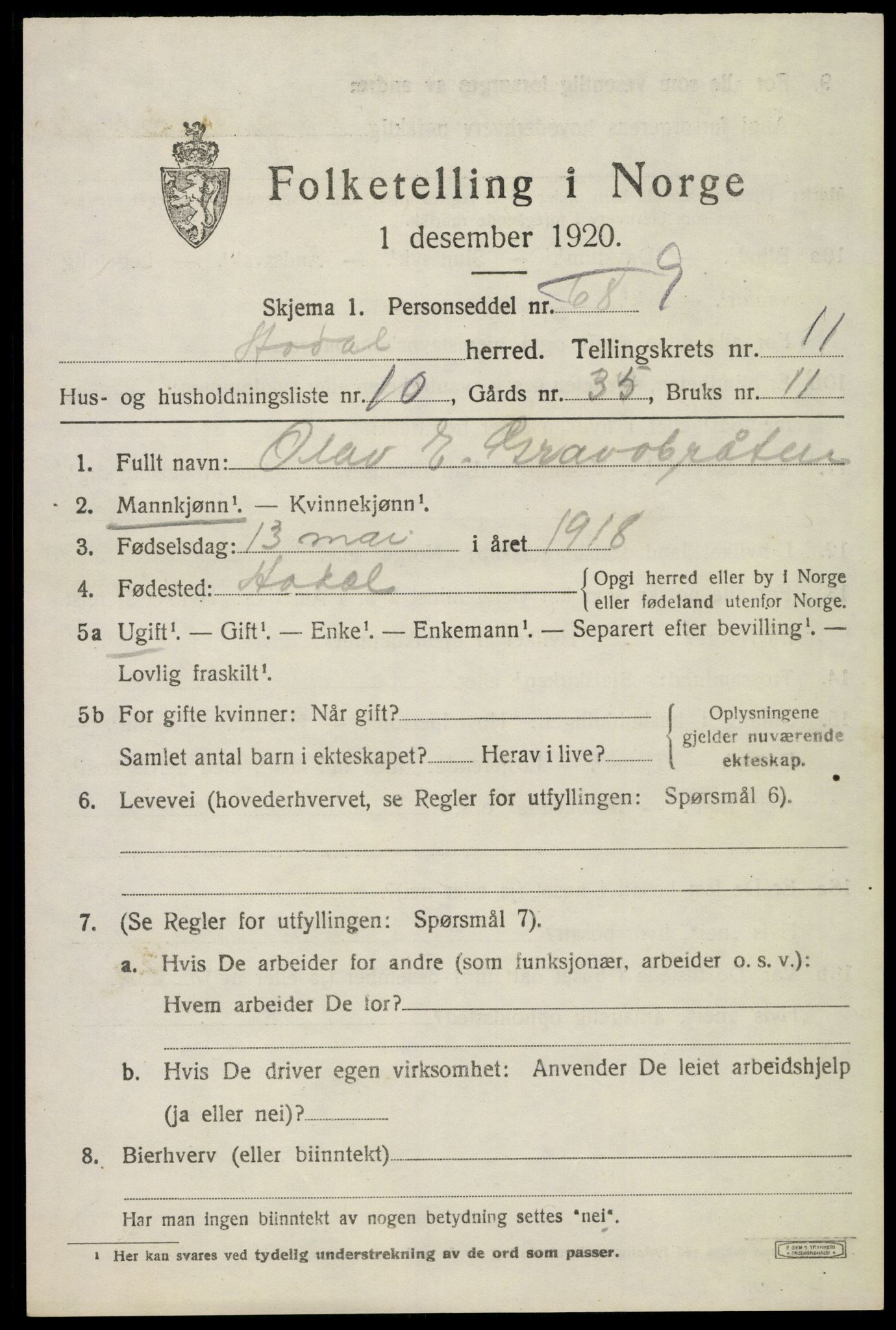 SAKO, 1920 census for Ådal, 1920, p. 6740