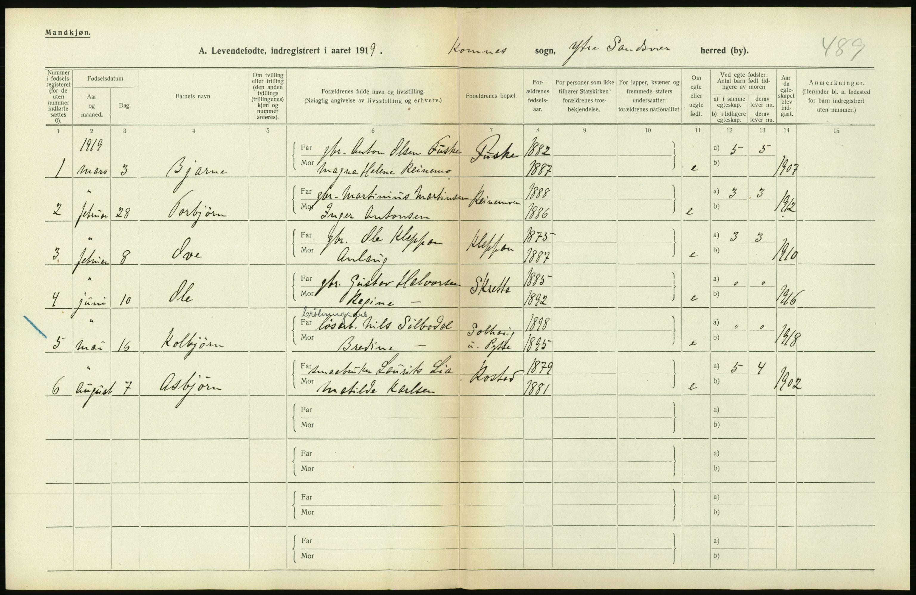 Statistisk sentralbyrå, Sosiodemografiske emner, Befolkning, RA/S-2228/D/Df/Dfb/Dfbi/L0016: Buskerud fylke: Levendefødte menn og kvinner. Bygder., 1919, p. 290