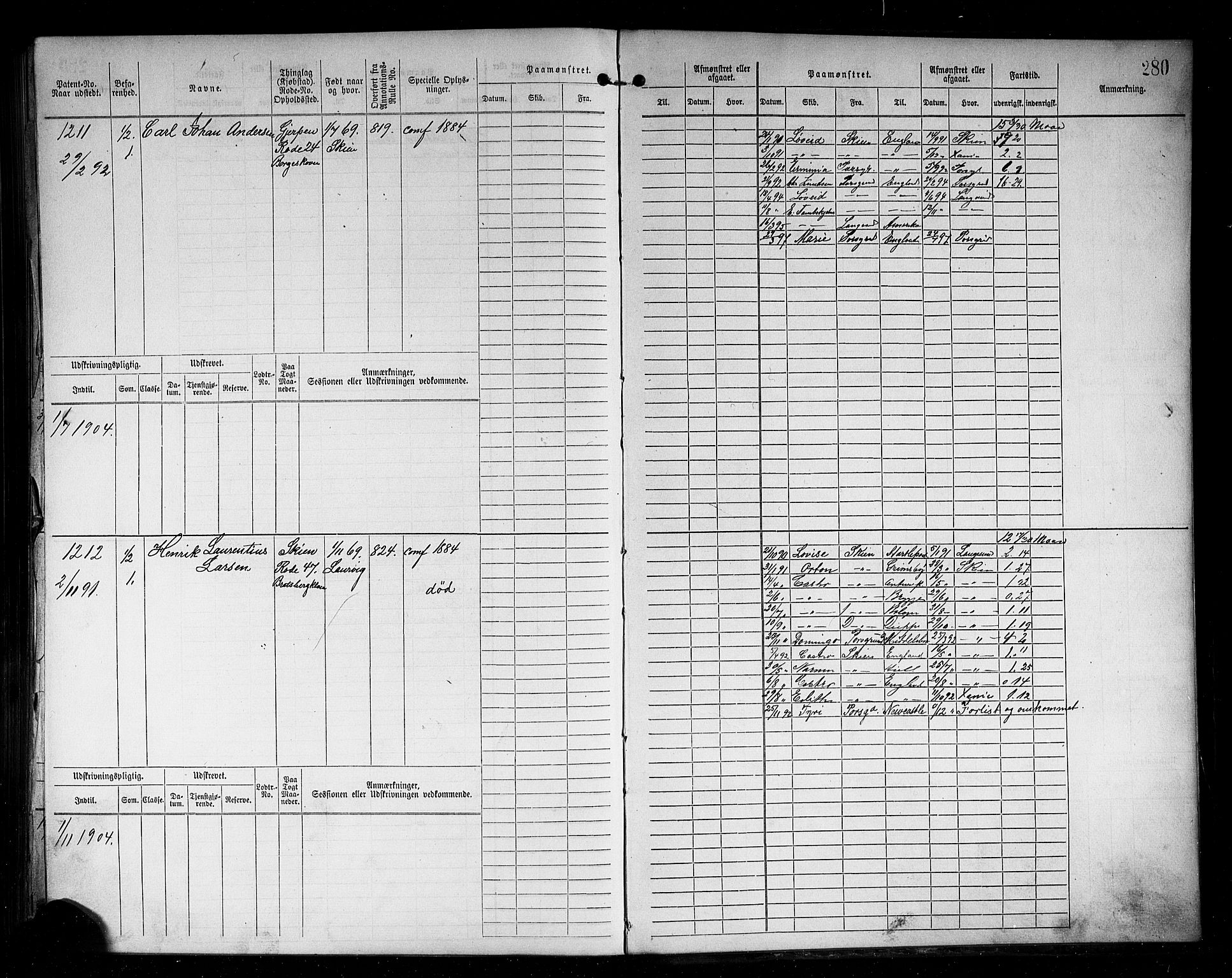 Skien innrulleringskontor, AV/SAKO-A-832/F/Fb/L0002: Hovedrulle, 1872-1891, p. 285