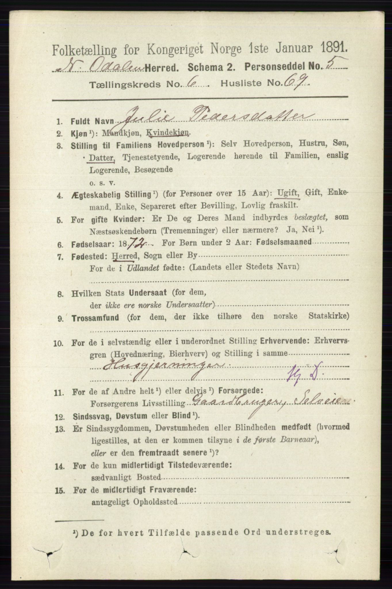 RA, 1891 census for 0418 Nord-Odal, 1891, p. 2764