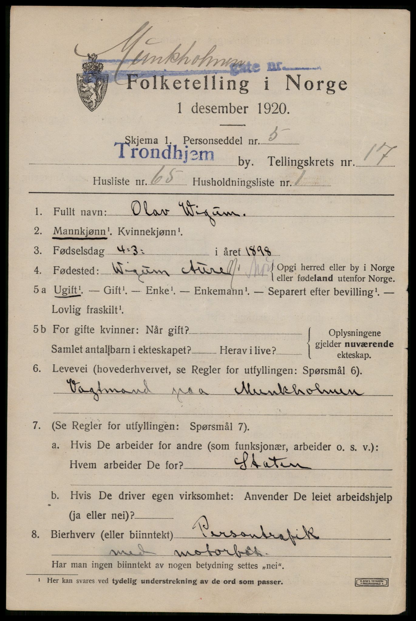 SAT, 1920 census for Trondheim, 1920, p. 56672