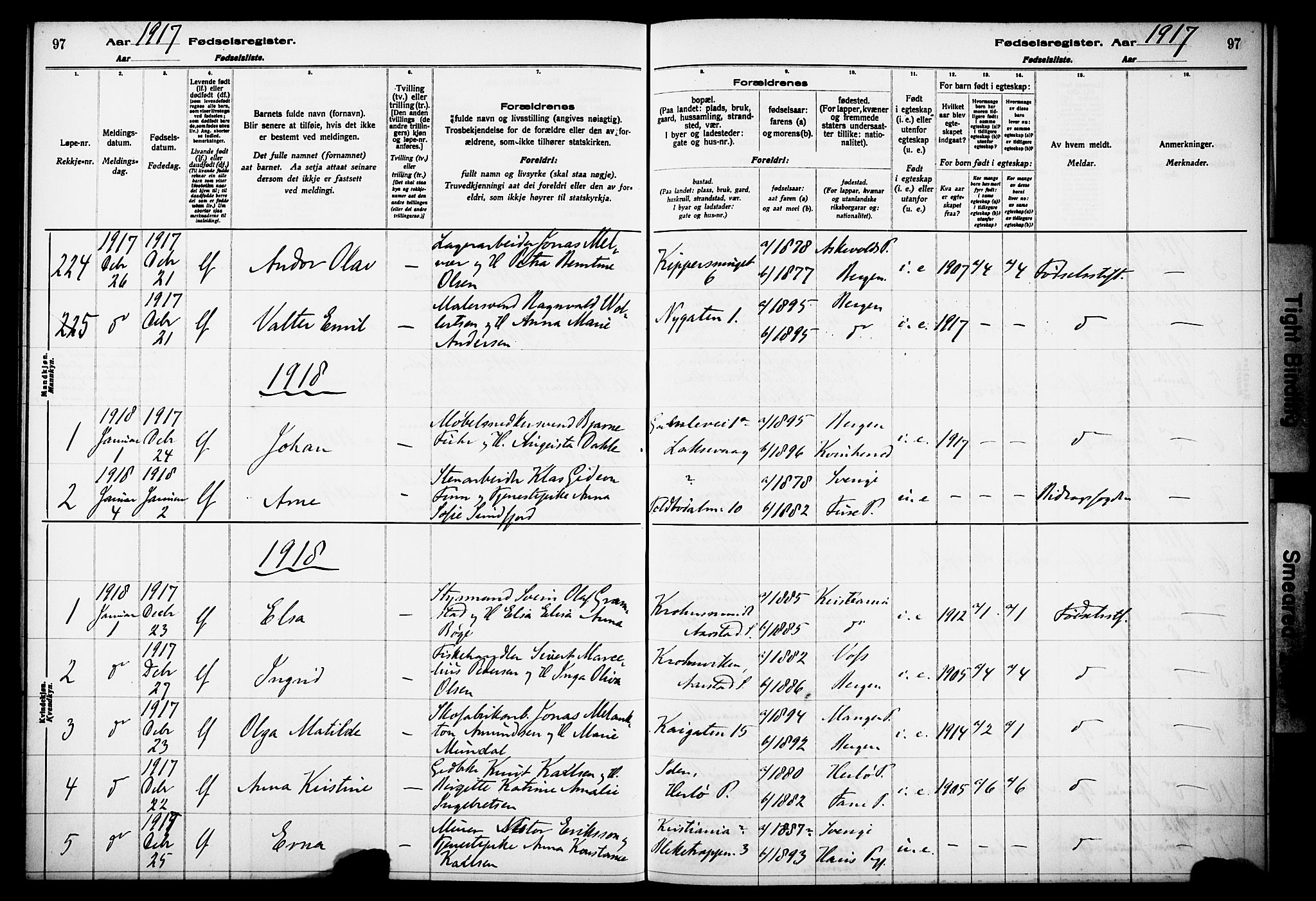 Kvinneklinikken, SAB/A-76301/F/L0A01: Birth register no. A 1, 1916-1920, p. 97