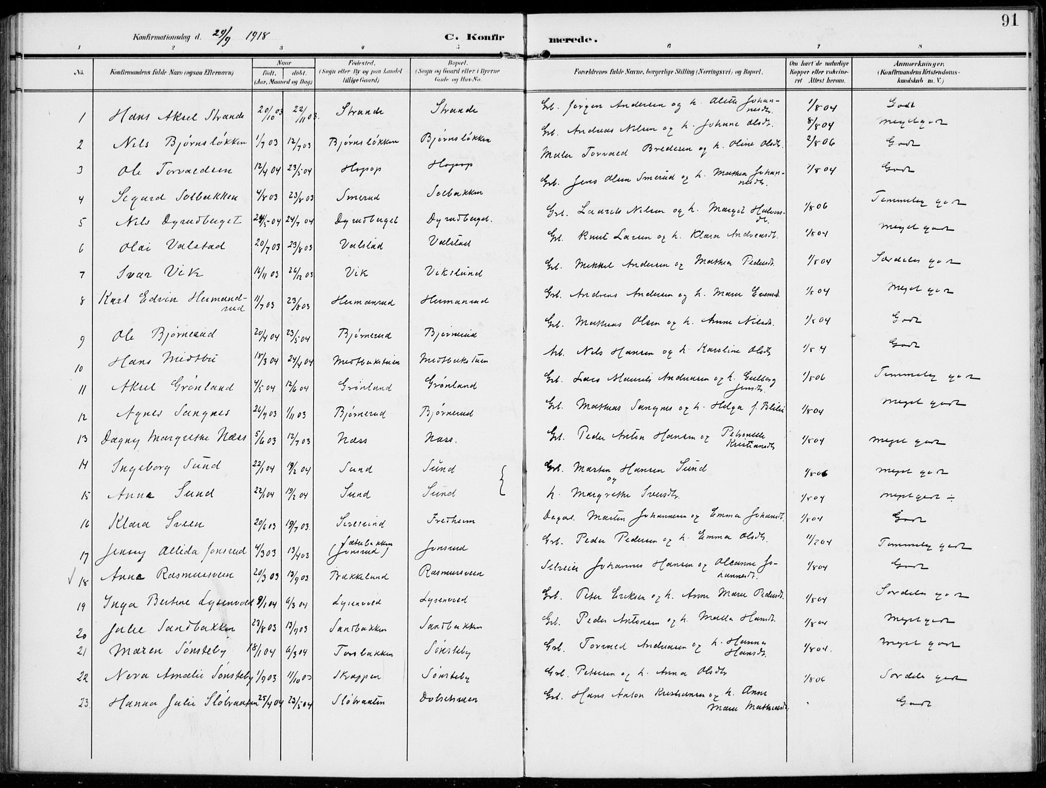 Kolbu prestekontor, SAH/PREST-110/H/Ha/Haa/L0001: Parish register (official) no. 1, 1907-1923, p. 91