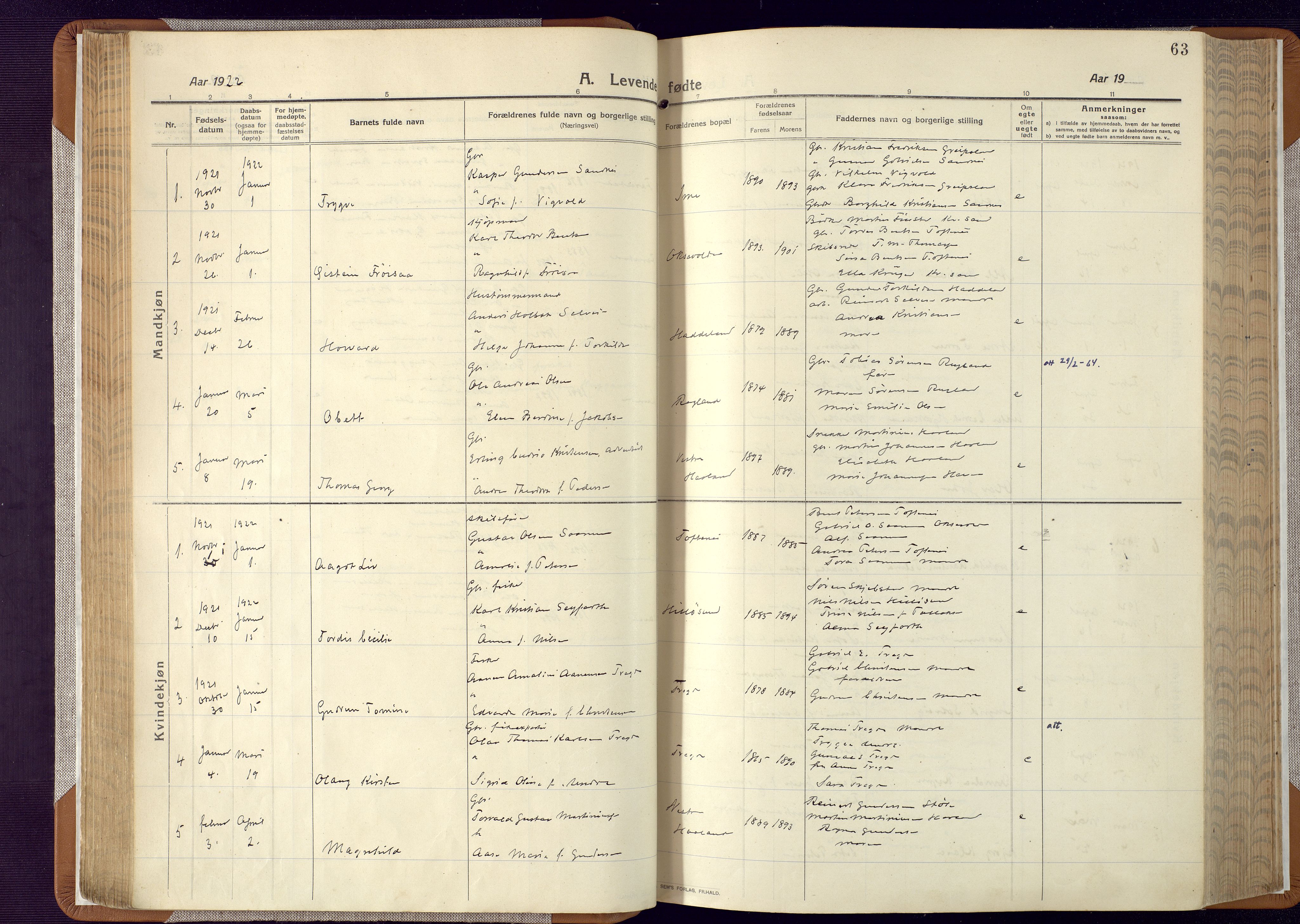 Mandal sokneprestkontor, SAK/1111-0030/F/Fa/Faa/L0022: Parish register (official) no. A 22, 1913-1925, p. 63