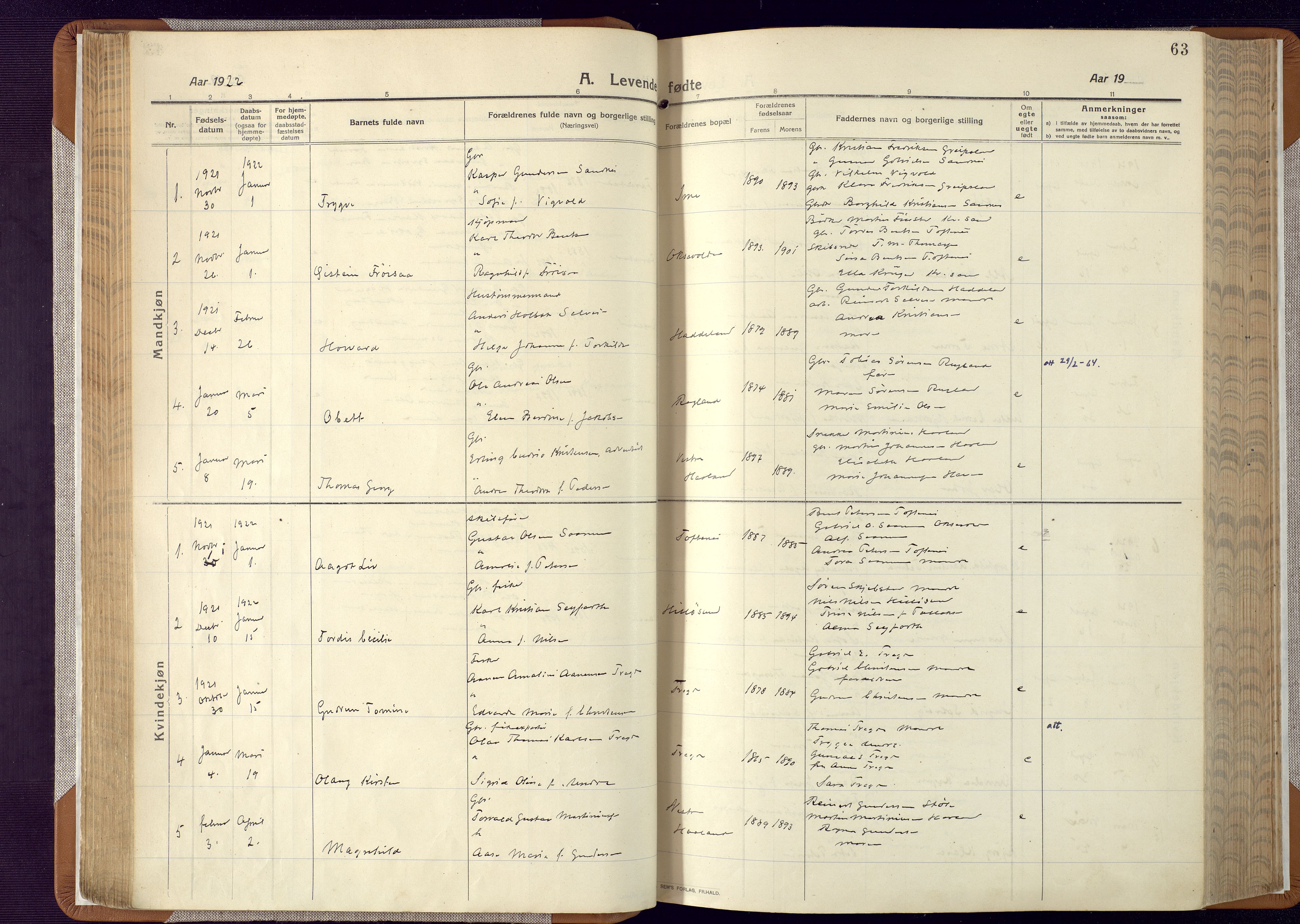 Mandal sokneprestkontor, AV/SAK-1111-0030/F/Fa/Faa/L0022: Parish register (official) no. A 22, 1913-1925, p. 63