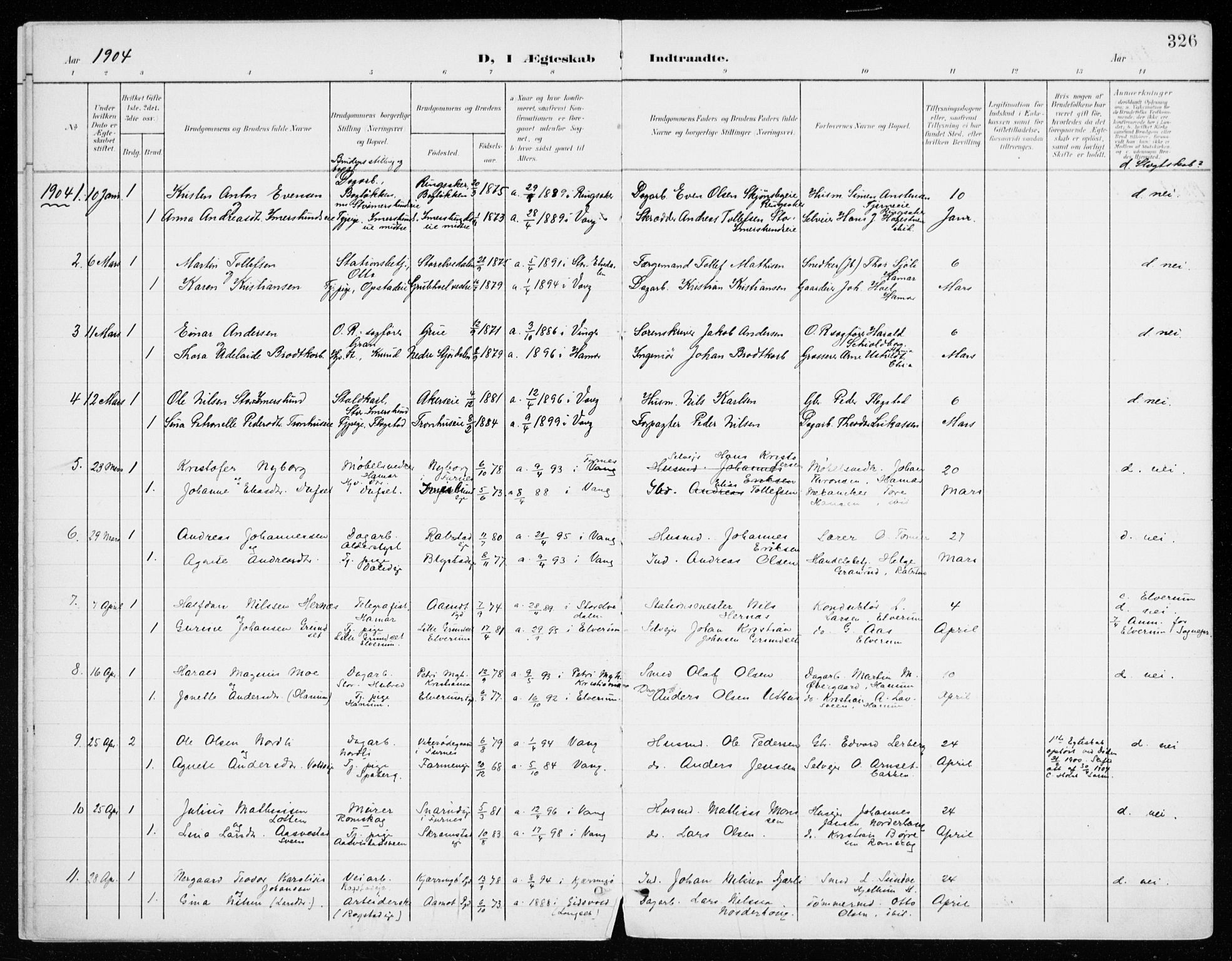 Vang prestekontor, Hedmark, SAH/PREST-008/H/Ha/Haa/L0021: Parish register (official) no. 21, 1902-1917, p. 326