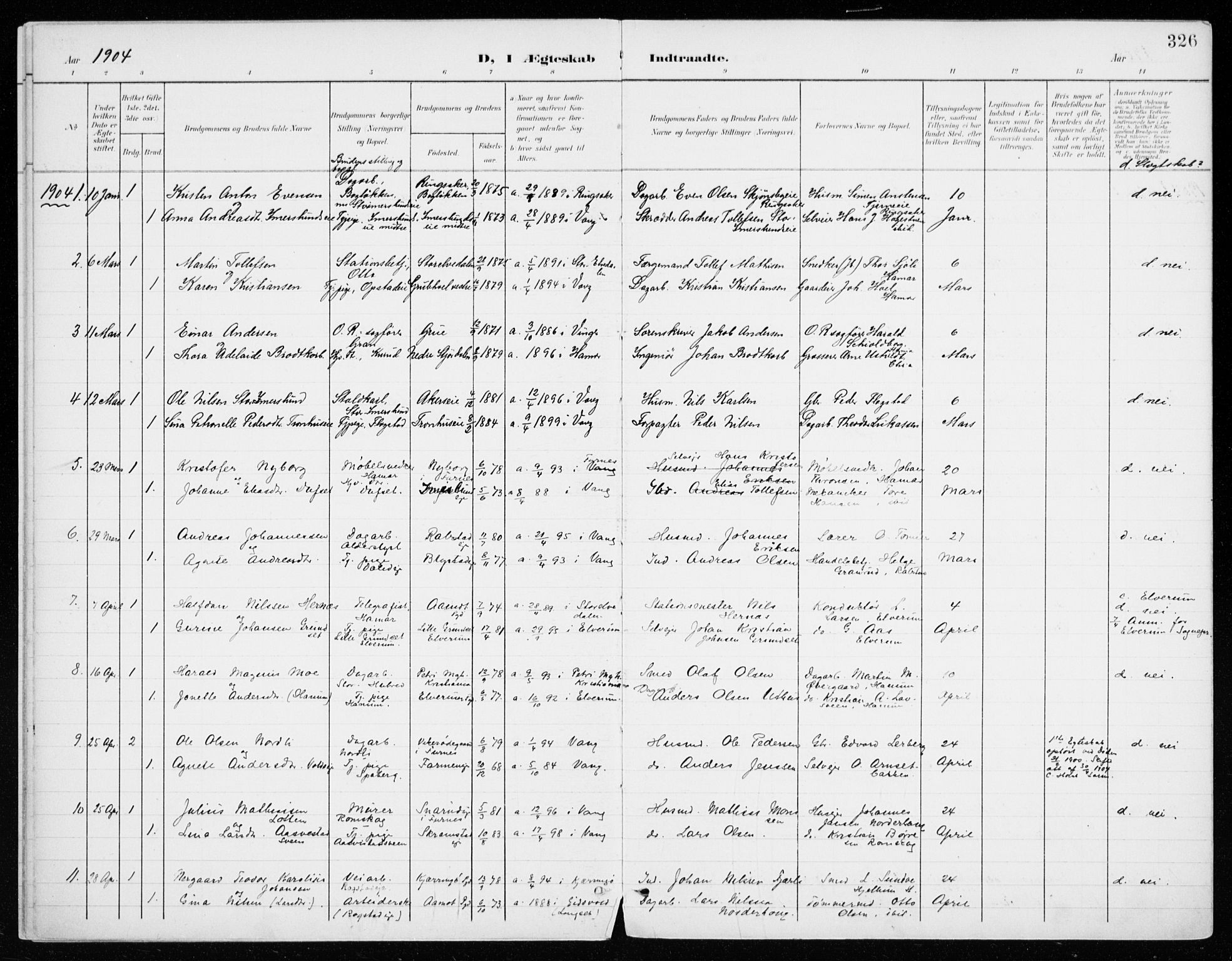 Vang prestekontor, Hedmark, AV/SAH-PREST-008/H/Ha/Haa/L0021: Parish register (official) no. 21, 1902-1917, p. 326