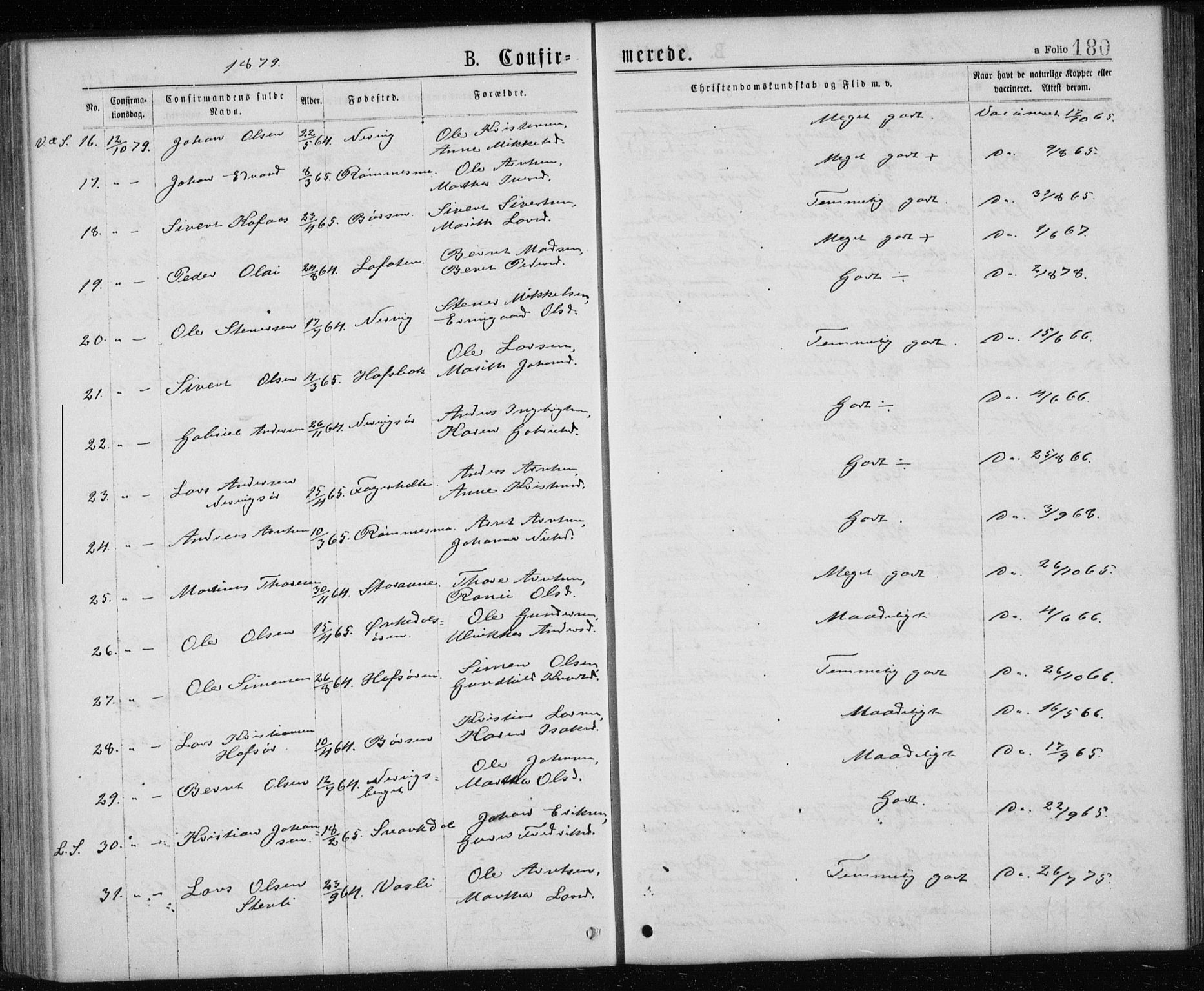 Ministerialprotokoller, klokkerbøker og fødselsregistre - Sør-Trøndelag, SAT/A-1456/668/L0817: Parish register (copy) no. 668C06, 1873-1884, p. 180