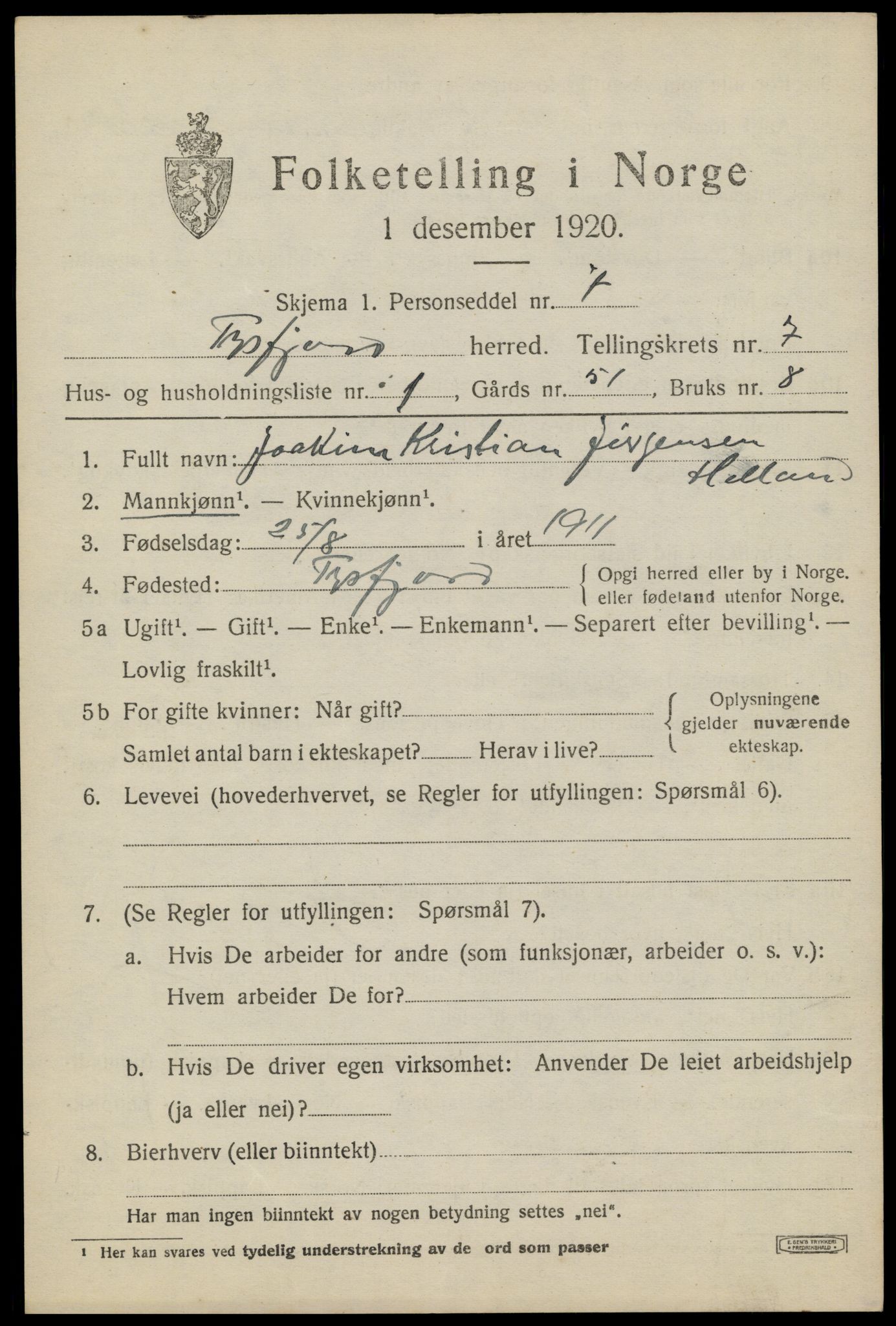 SAT, 1920 census for Tysfjord, 1920, p. 5157