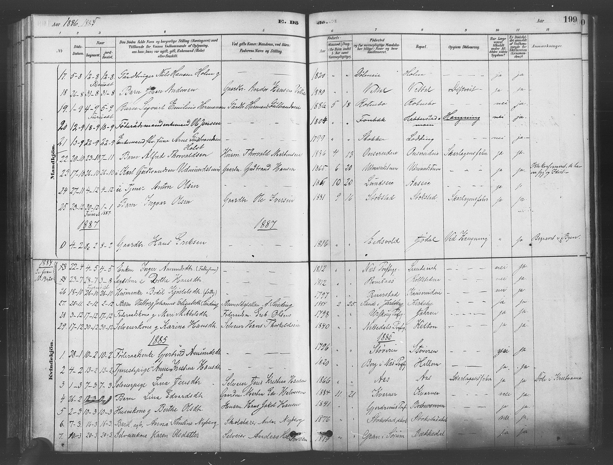 Ullensaker prestekontor Kirkebøker, SAO/A-10236a/F/Fa/L0019: Parish register (official) no. I 19, 1878-1891, p. 199