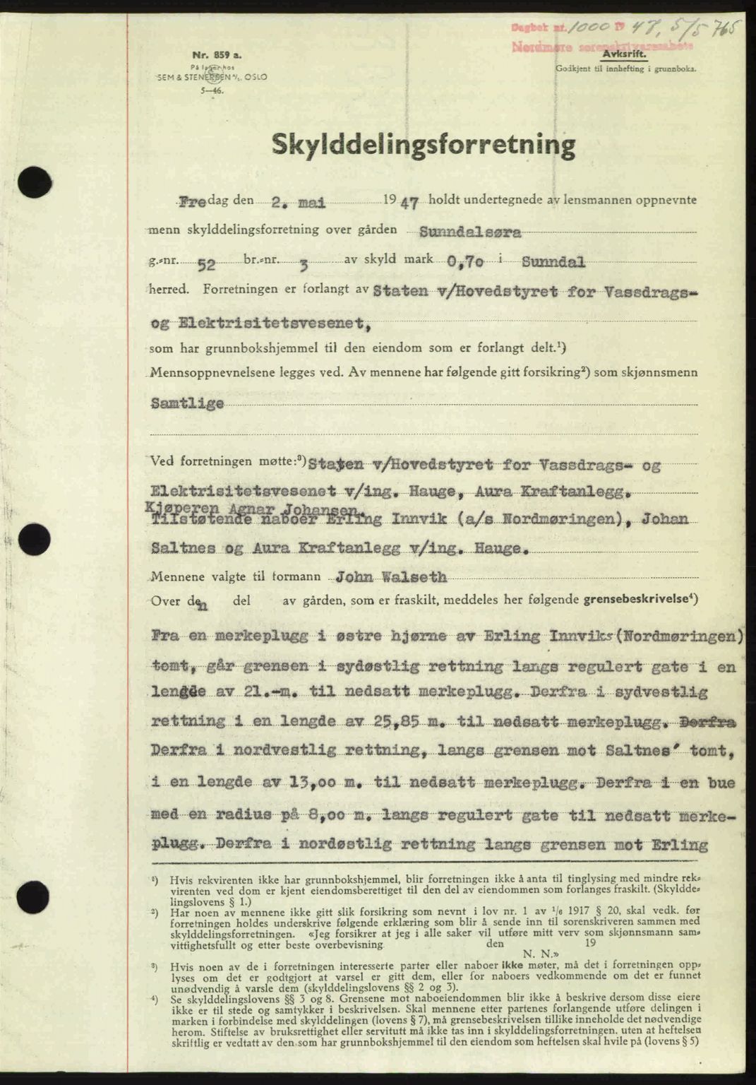 Nordmøre sorenskriveri, AV/SAT-A-4132/1/2/2Ca: Mortgage book no. A104, 1947-1947, Diary no: : 1000/1947