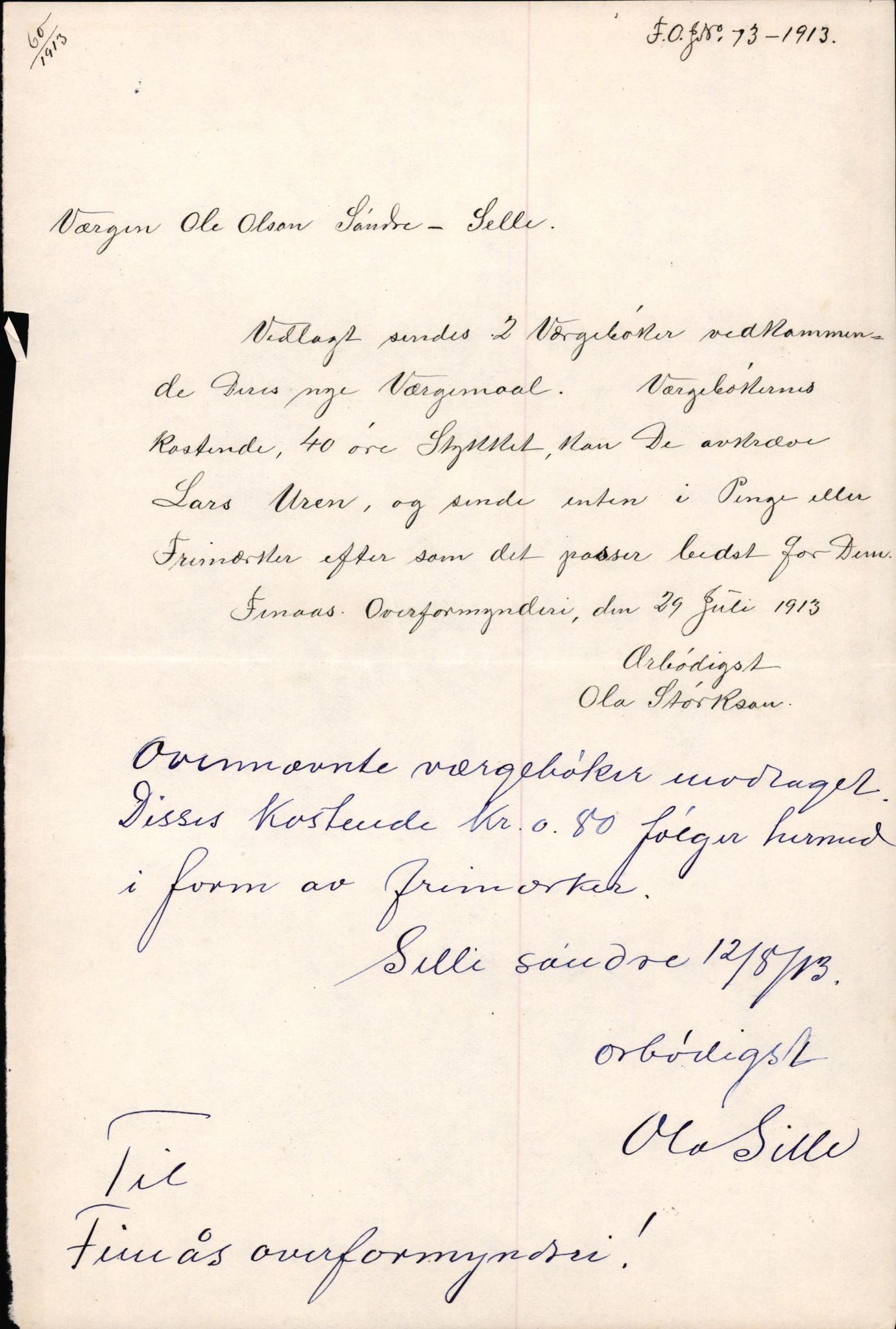 Finnaas kommune. Overformynderiet, IKAH/1218a-812/D/Da/Daa/L0002/0004: Kronologisk ordna korrespondanse / Kronologisk ordna korrespondanse, 1910-1913, p. 169