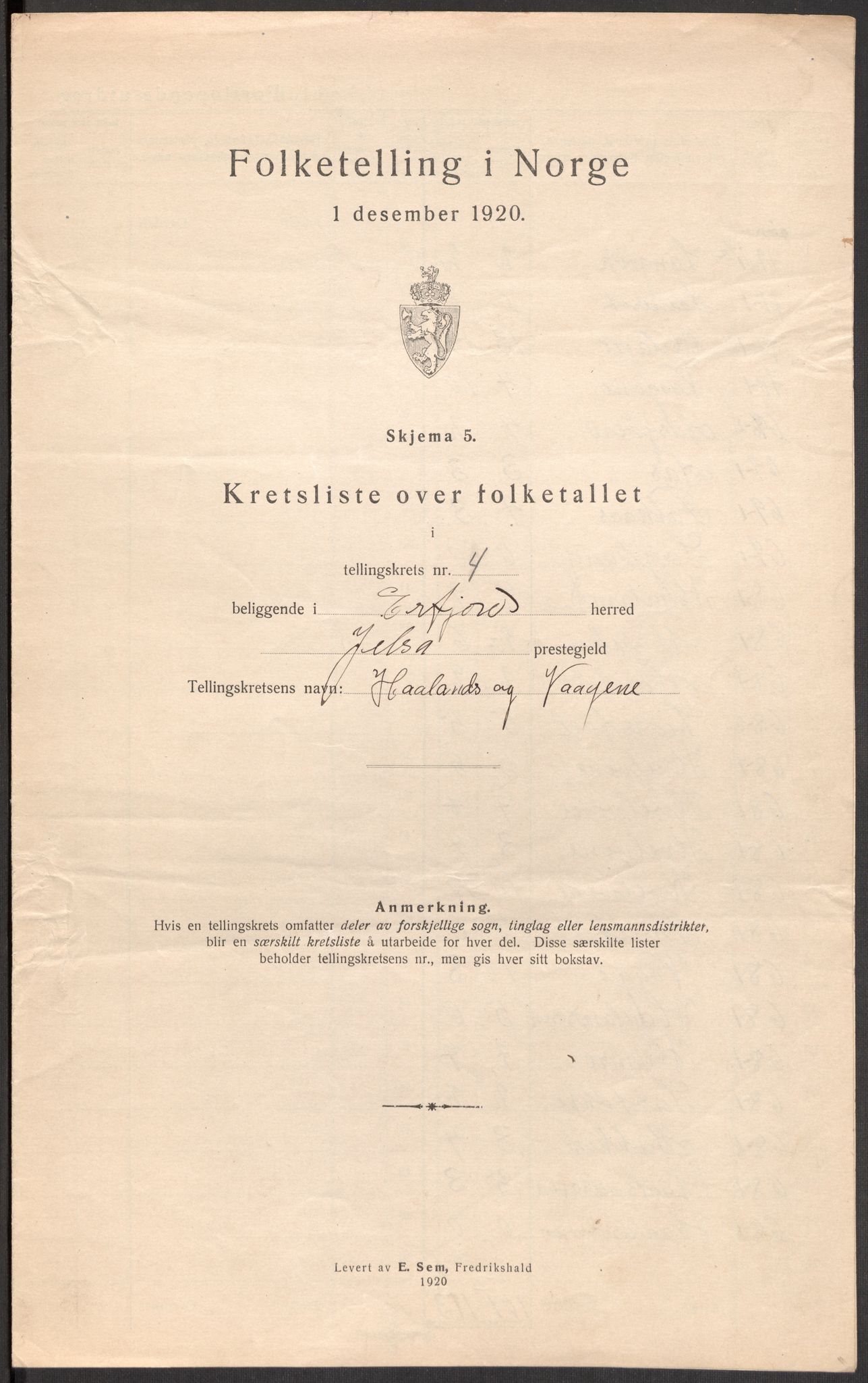 SAST, 1920 census for Erfjord, 1920, p. 16