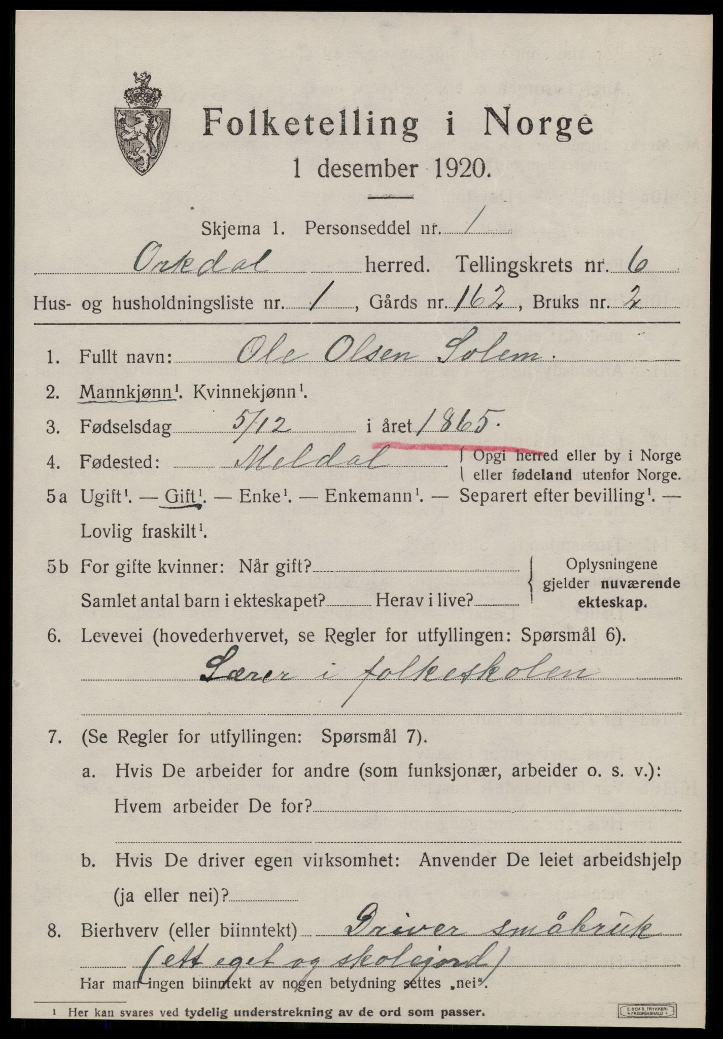 SAT, 1920 census for Orkdal, 1920, p. 5274