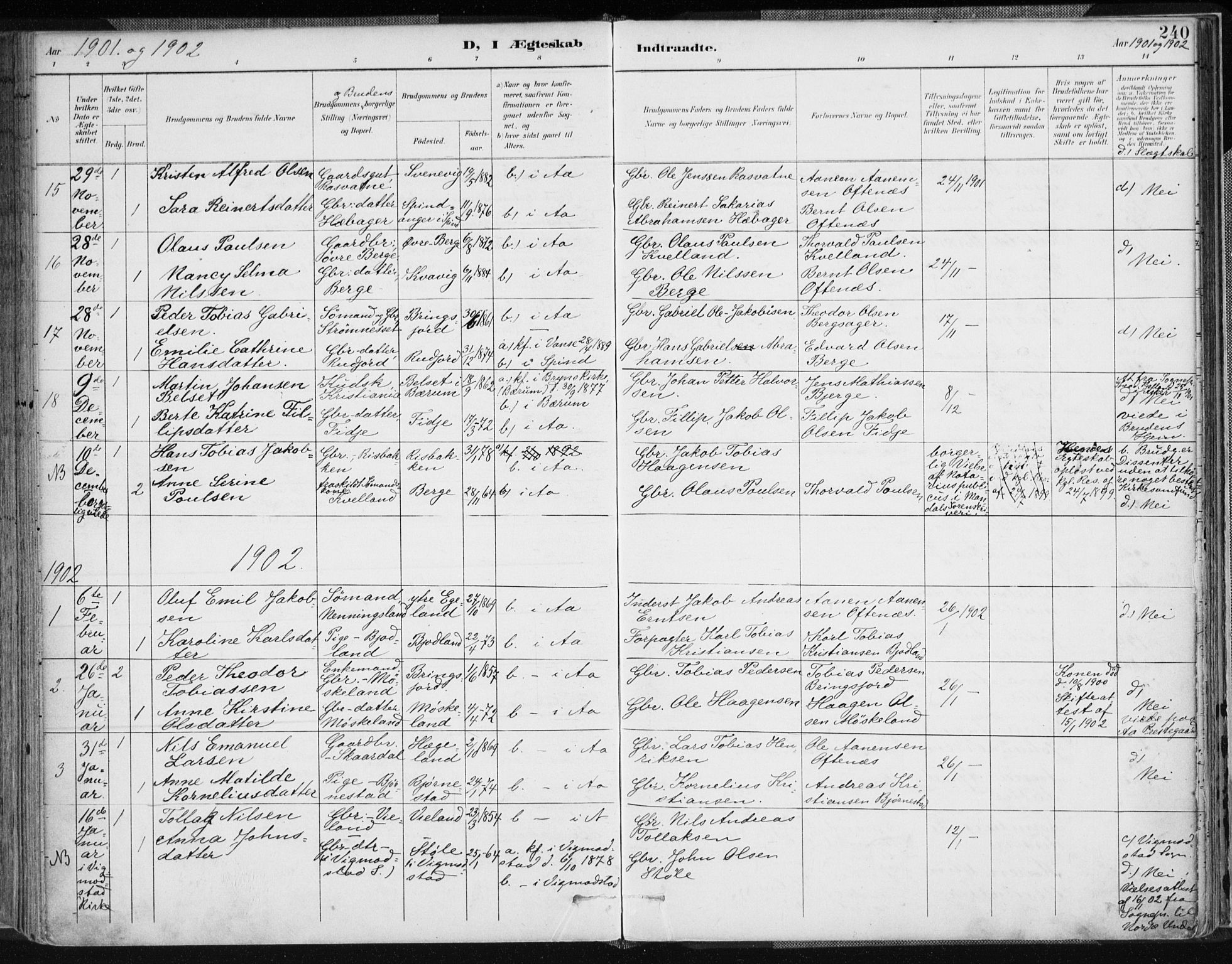 Lyngdal sokneprestkontor, SAK/1111-0029/F/Fa/Fac/L0012: Parish register (official) no. A 12, 1894-1918, p. 240
