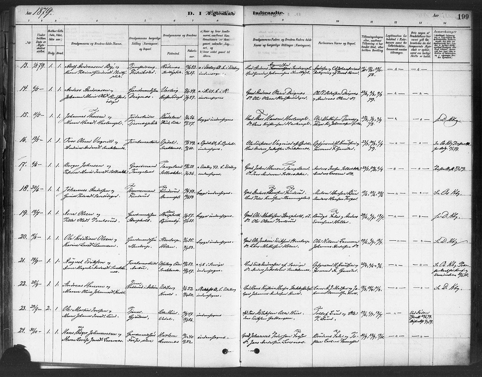 Rakkestad prestekontor Kirkebøker, AV/SAO-A-2008/F/Fa/L0012: Parish register (official) no. I 12, 1878-1893, p. 199