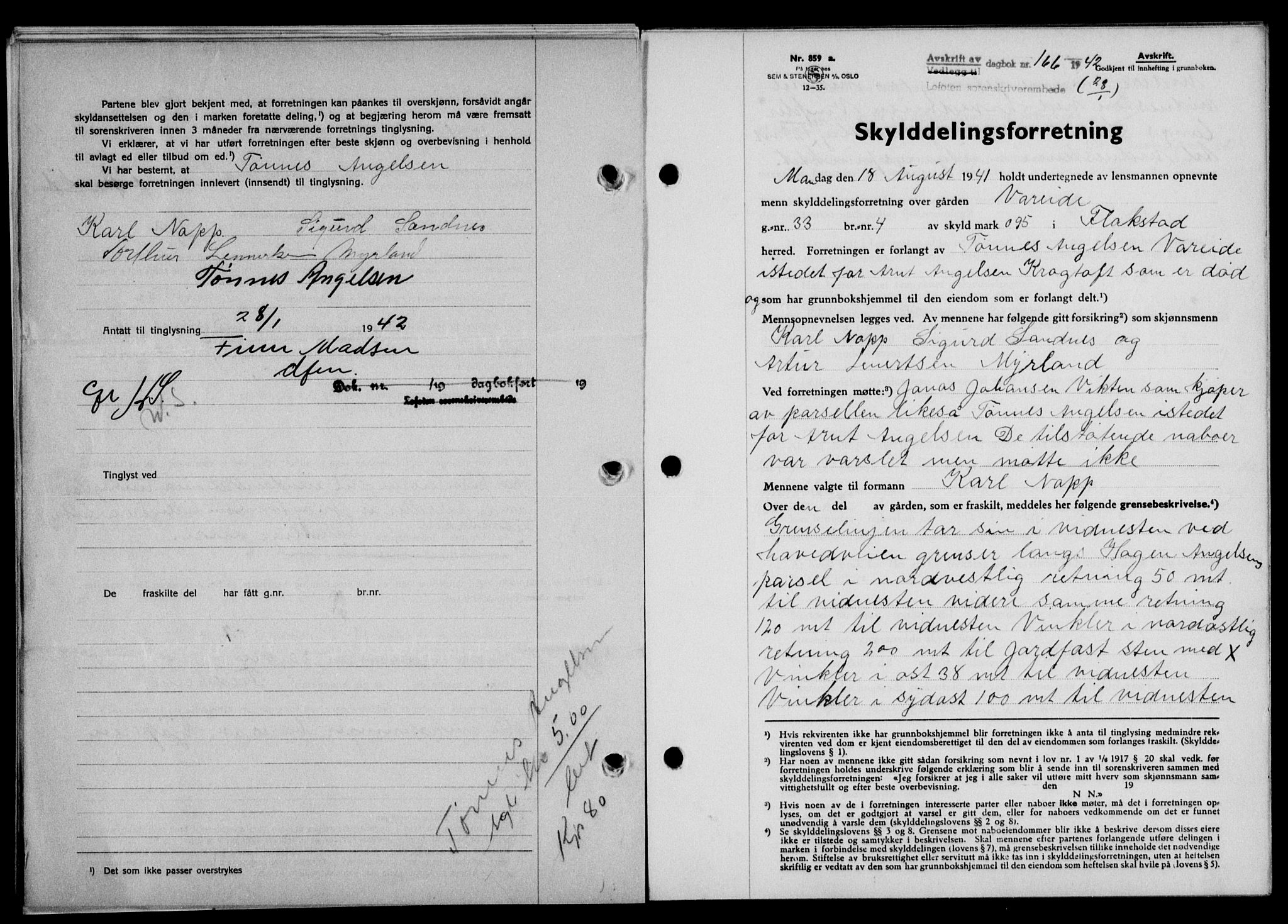 Lofoten sorenskriveri, SAT/A-0017/1/2/2C/L0009a: Mortgage book no. 9a, 1941-1942, Diary no: : 166/1942