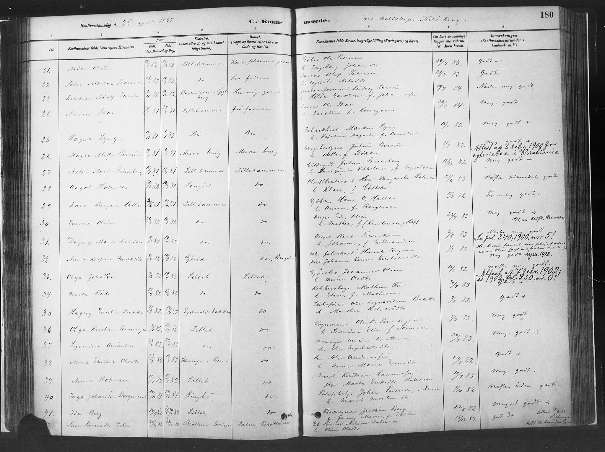 Fåberg prestekontor, SAH/PREST-086/H/Ha/Haa/L0010: Parish register (official) no. 10, 1879-1900, p. 180